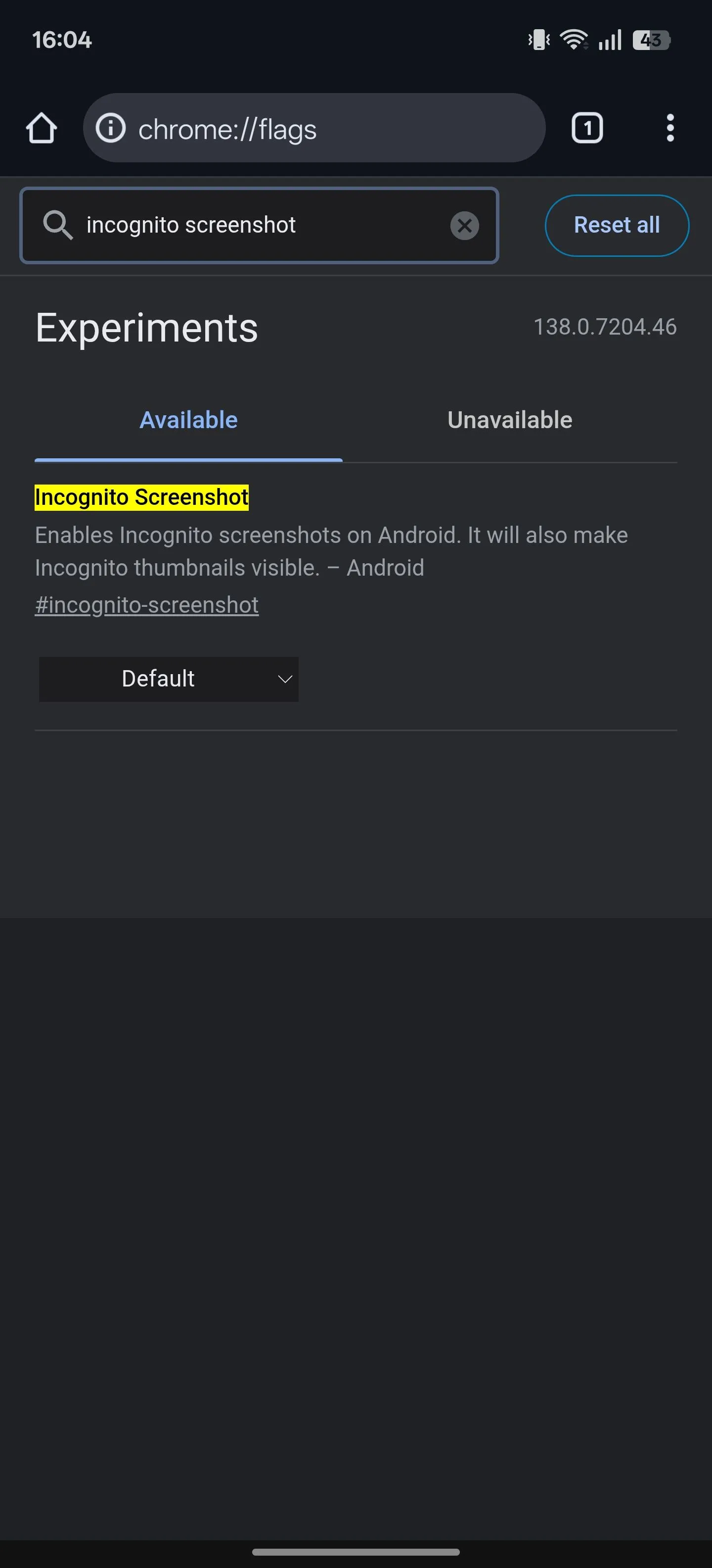 Tính năng thử nghiệm &quot;Incognito Screenshot&quot; trên trang Chrome Flags.