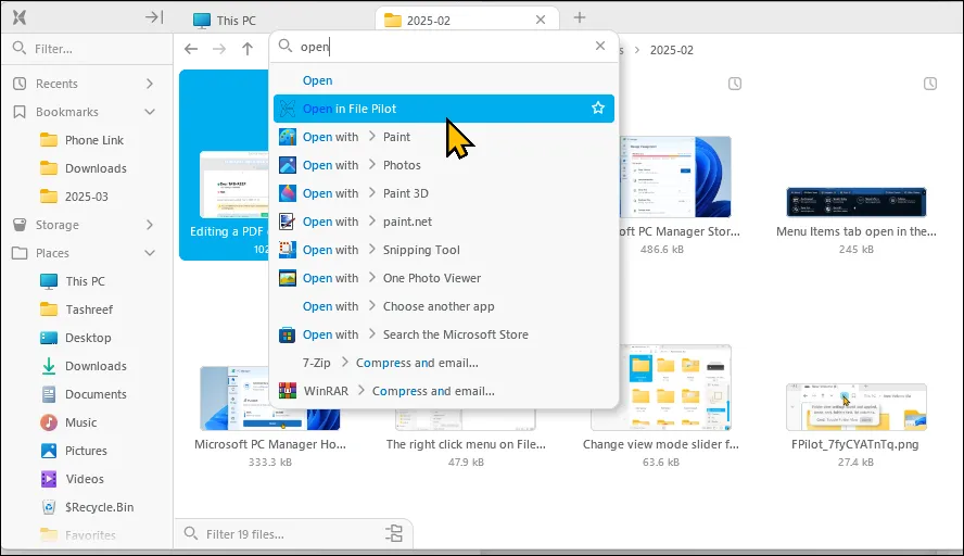 Tính năng tìm kiếm nhanh trong menu ngữ cảnh của File Pilot giúp truy cập lệnh dễ dàng.