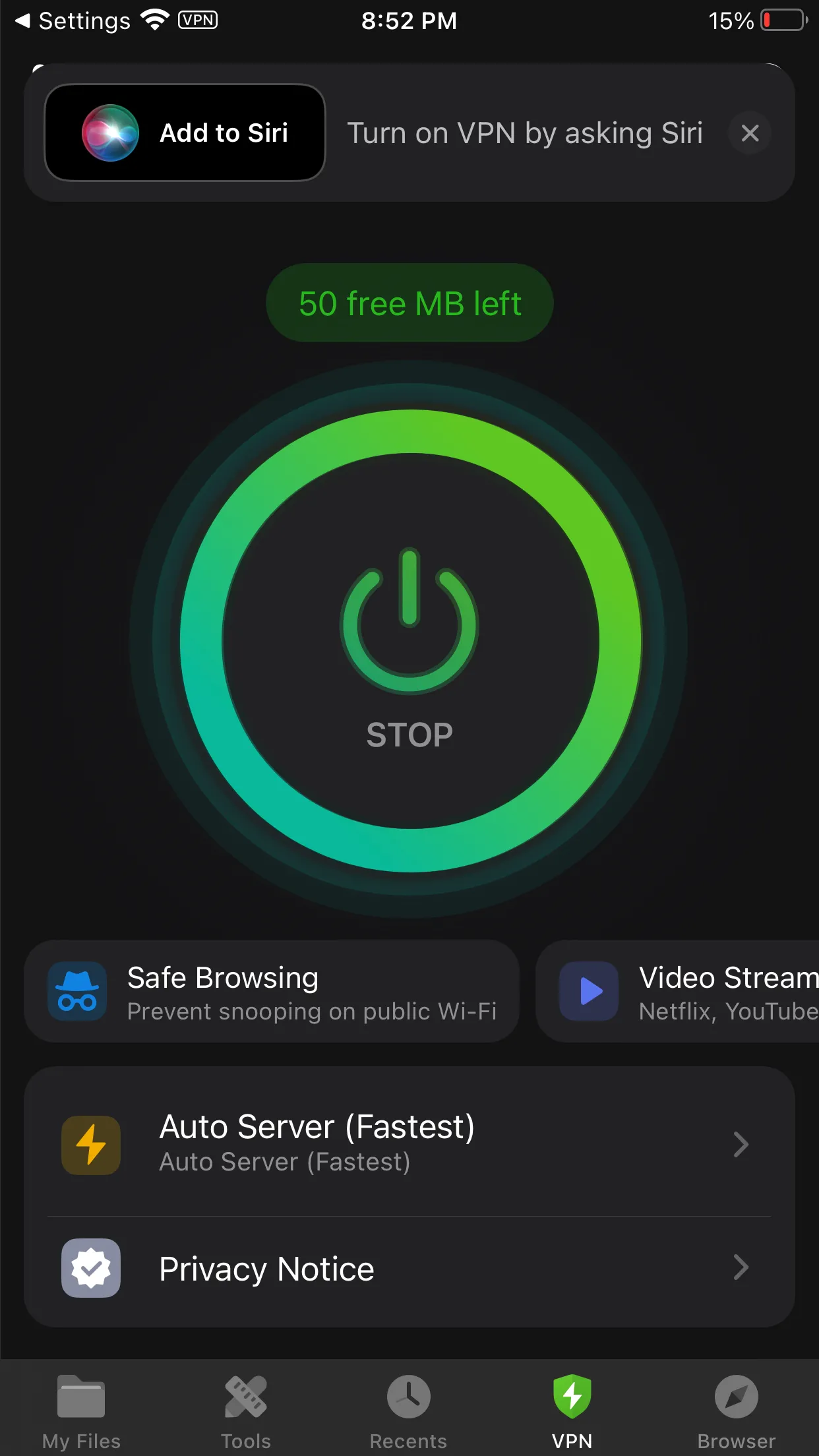 Tính năng VPN tích hợp sẵn trong Documents by Readdle, hỗ trợ duyệt web an toàn.