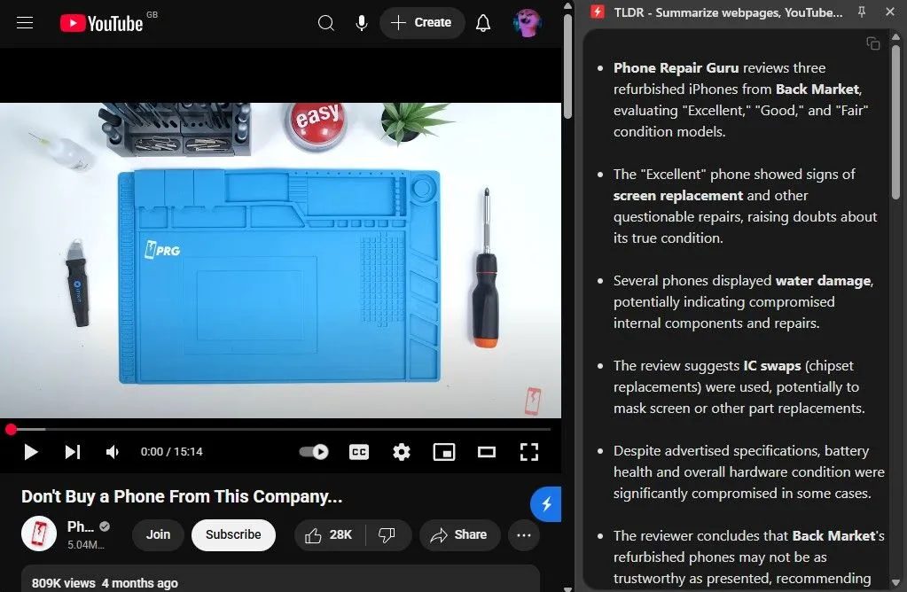TLDR tóm tắt một video YouTube về việc mua điện thoại tân trang, làm rõ nội dung về trang web Back Market.