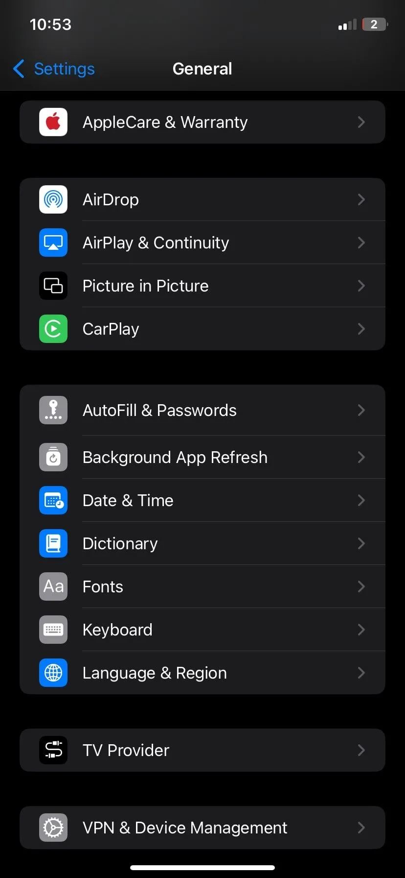 Trang cài đặt chung (General Settings) trên iPhone để tìm mục Bàn phím