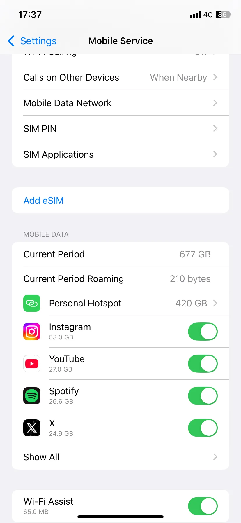 Trang cài đặt Dữ liệu di động trên iPhone, hiển thị các ứng dụng sử dụng dữ liệu