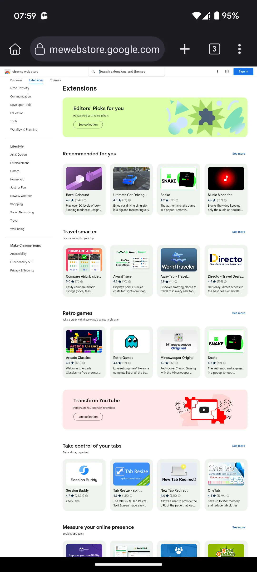 Trang chủ Chrome Web Store hiển thị trong trình duyệt Kiwi, cho phép tìm kiếm và cài đặt tiện ích mở rộng.
