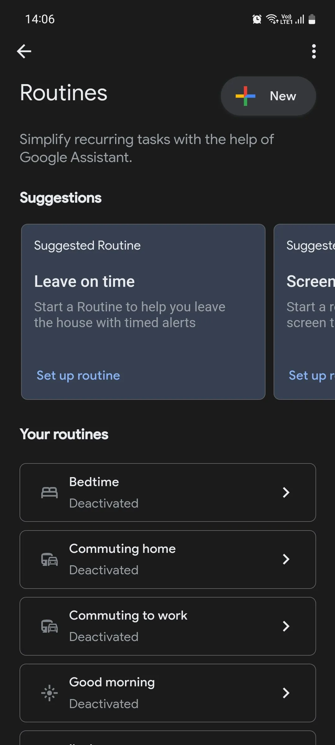 Trang chủ của Google Assistant Routines, nơi người dùng có thể tạo và quản lý các tác vụ tự động hóa trên điện thoại Android.
