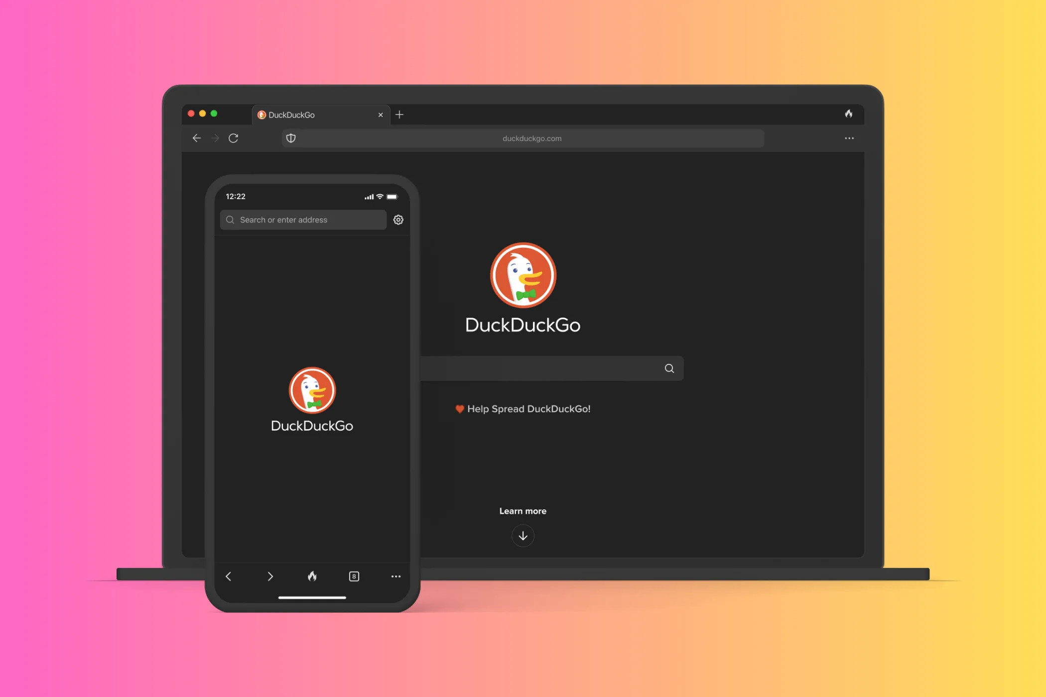 Trang chủ trình duyệt DuckDuckGo hiển thị trên máy tính xách tay và thiết bị di động, minh họa giải pháp bảo mật trực tuyến