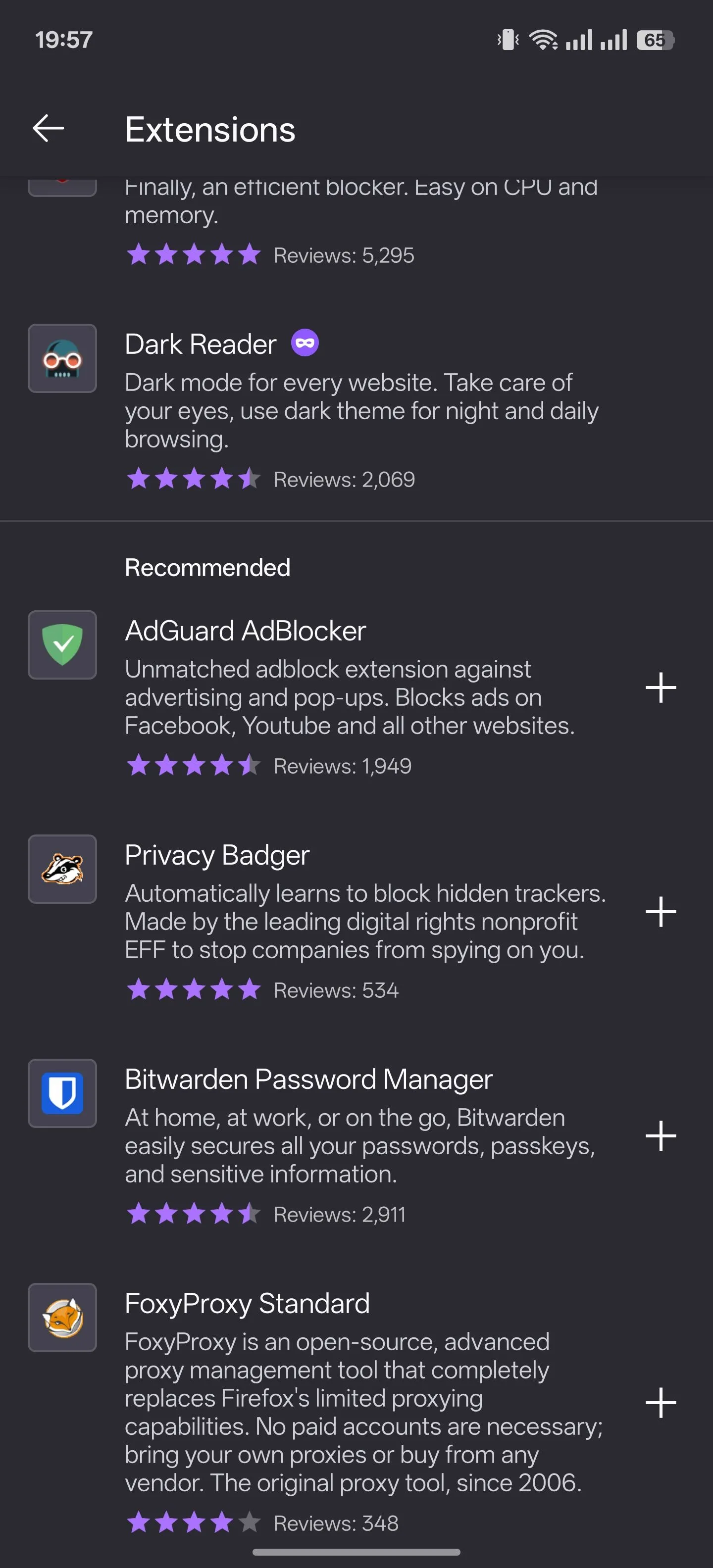 Trang quản lý Tiện ích mở rộng trong trình duyệt Firefox cho Android