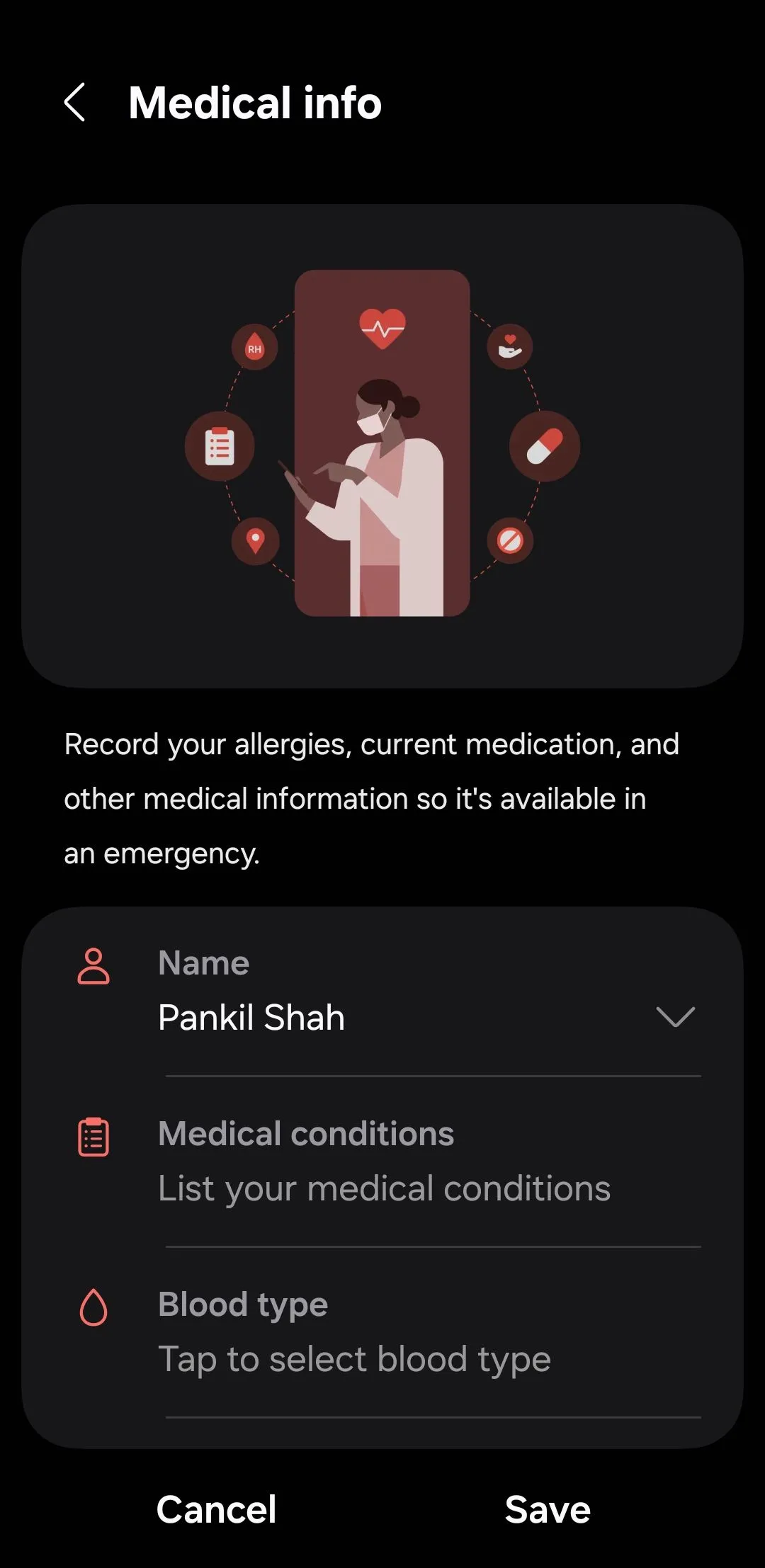 Trang thông tin y tế trên điện thoại Android, hiển thị các chi tiết sức khỏe quan trọng để giúp đỡ trong trường hợp khẩn cấp.