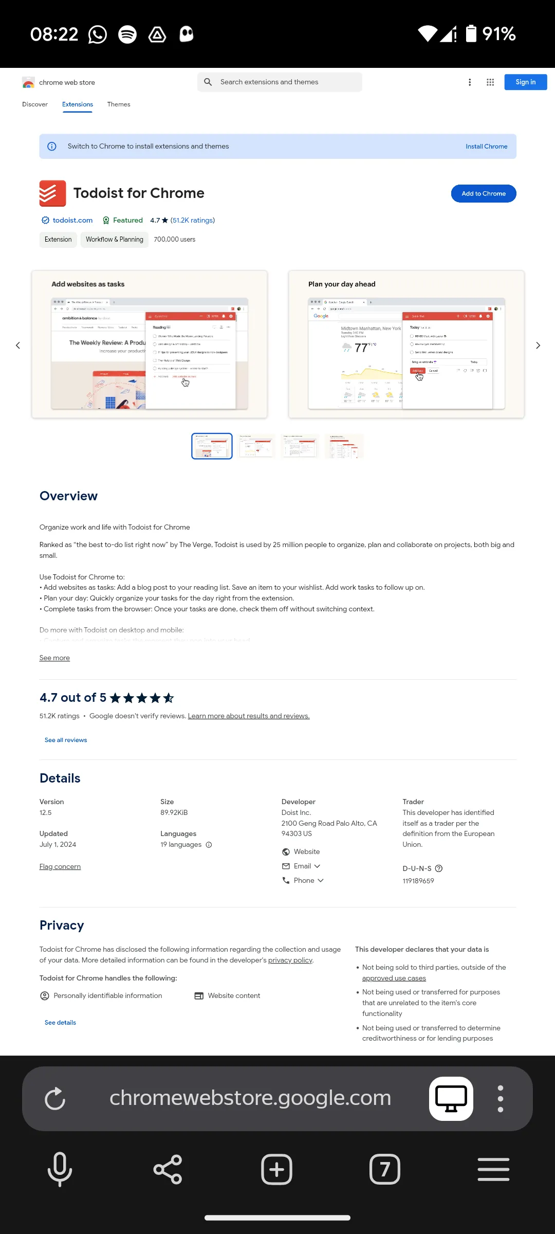 Trang tiện ích Todoist trên Chrome Web Store trong Yandex Browser, chuẩn bị cài đặt tiện ích cho điện thoại.