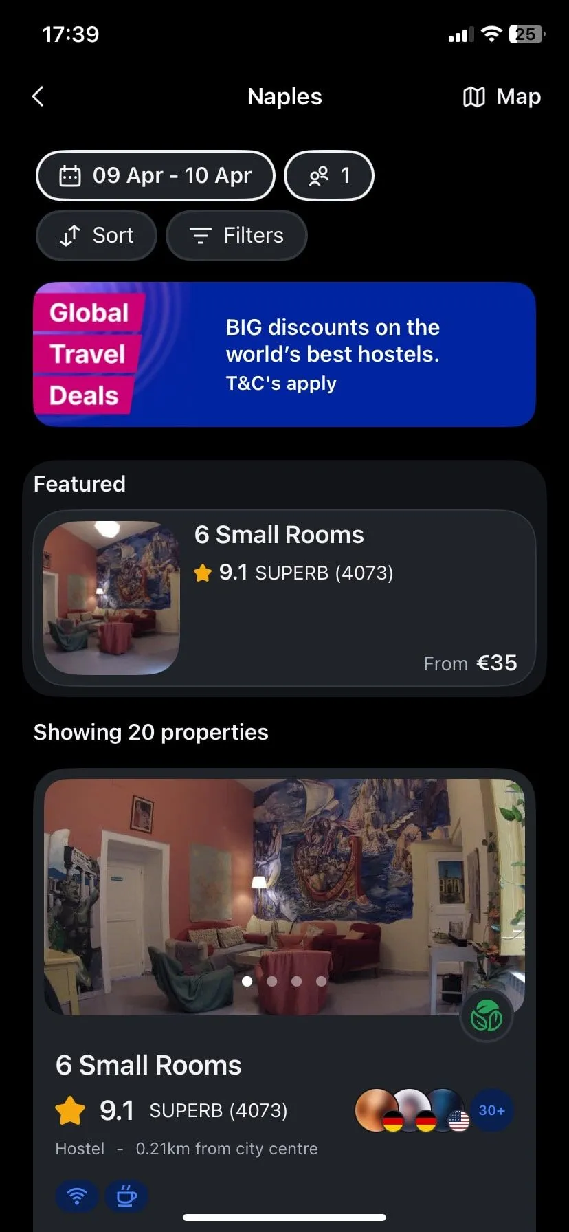 Trang tìm kiếm của ứng dụng Hostelworld, giúp du khách solo dễ dàng tìm và đặt phòng hostel phù hợp.