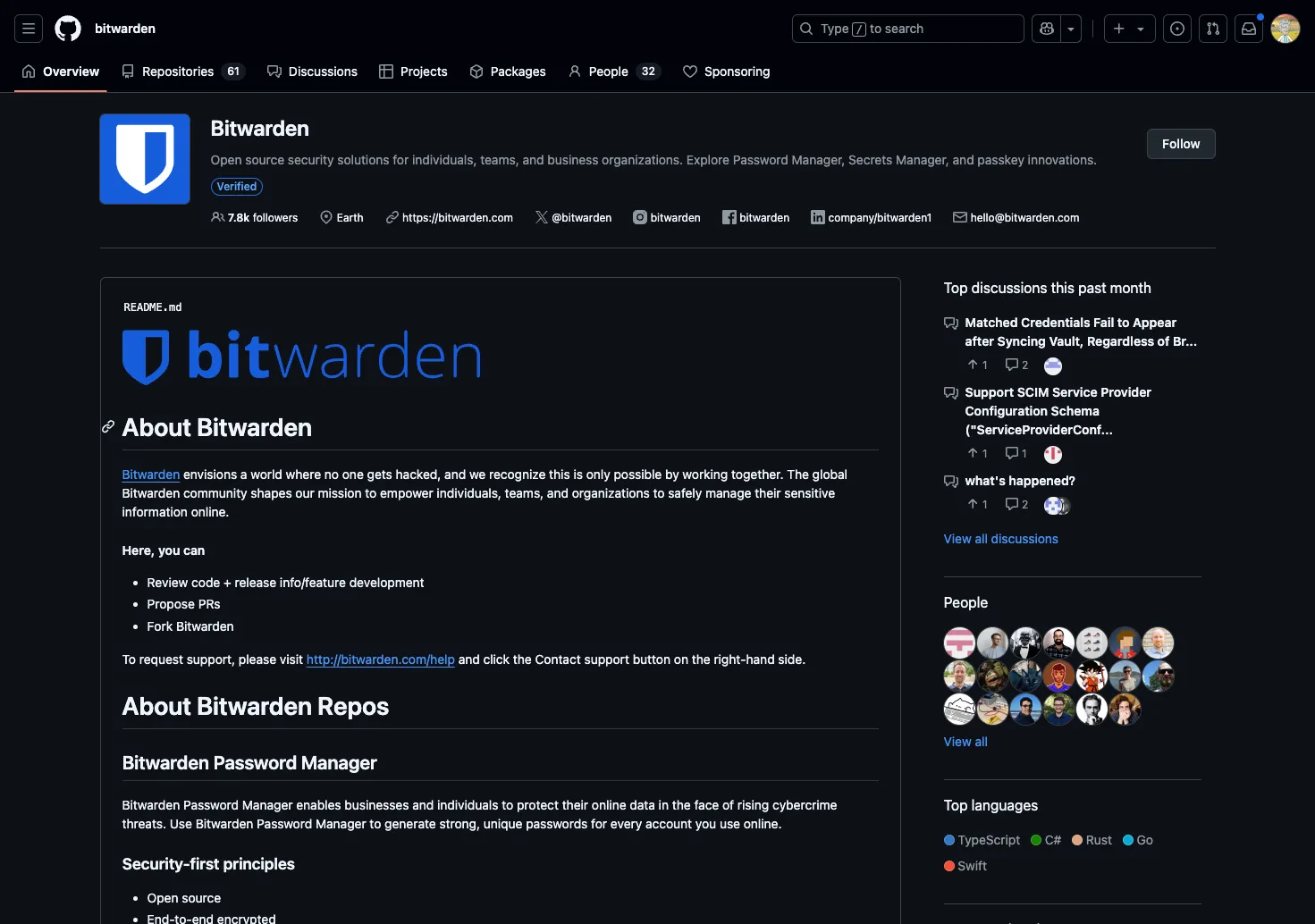 Trang tổ chức Bitwarden trên GitHub, thể hiện cam kết về tính minh bạch mã nguồn mở và khả năng kiểm tra mã nguồn công khai.