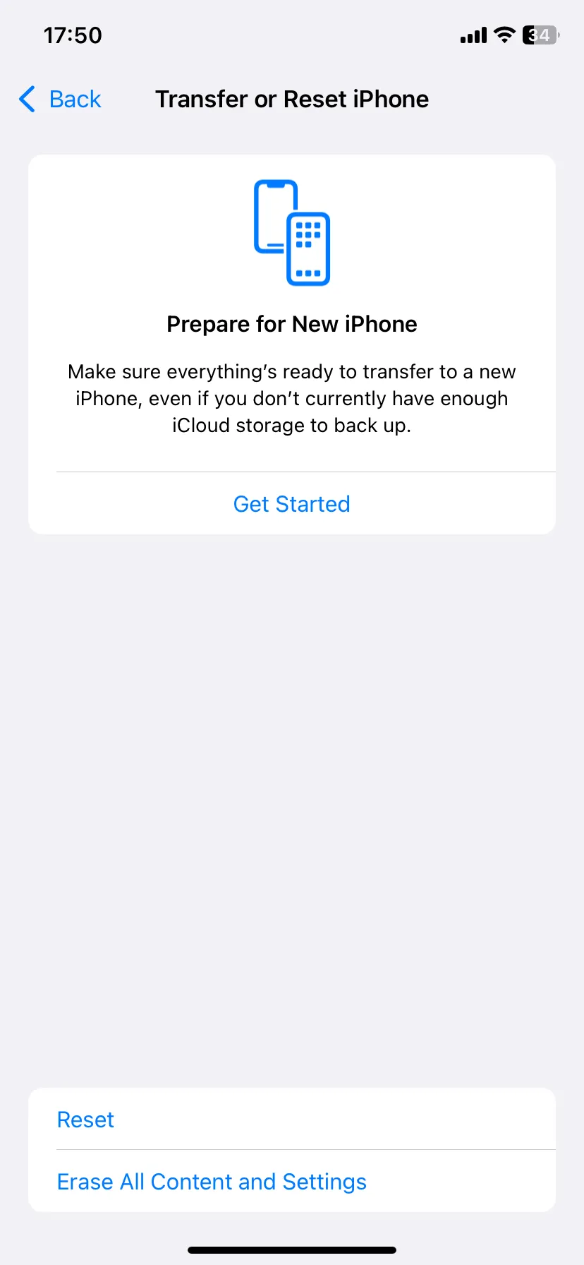 Trang Tùy chọn Chuyển hoặc Đặt lại iPhone trong Cài đặt chung