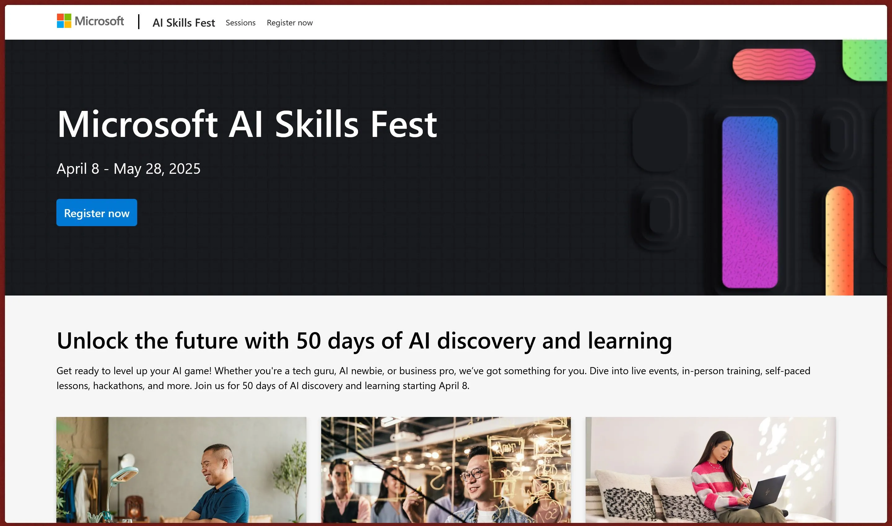 Trang web chính thức của sự kiện Microsoft AI Skills Fest, giới thiệu các khóa học và thử thách AI miễn phí.