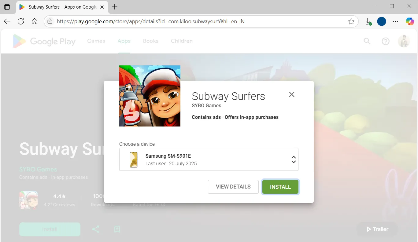Trang web Google Play Store trên máy tính hiển thị tùy chọn cài đặt ứng dụng từ xa lên điện thoại Android đã kết nối tài khoản Google.
