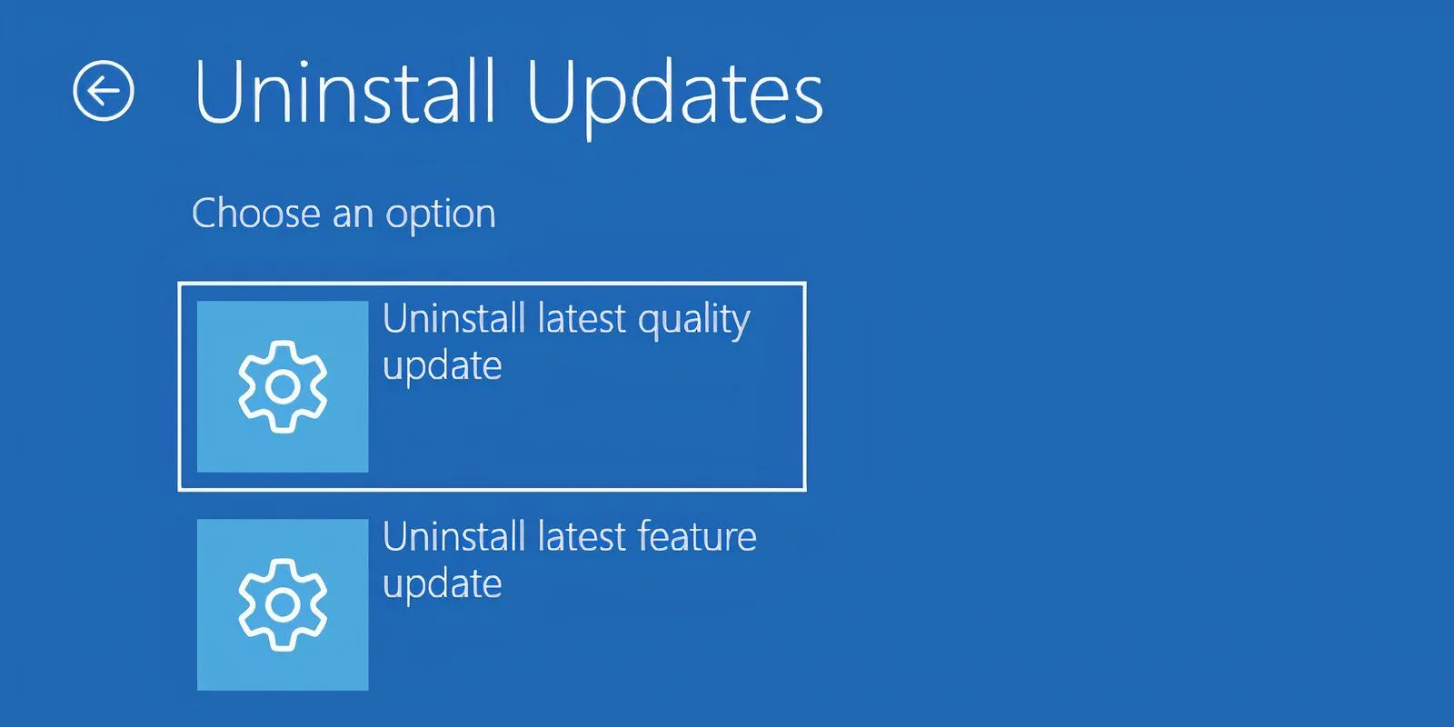 Trang Windows Recovery Environment với tùy chọn Uninstall updates để gỡ bỏ bản cập nhật Windows gây lỗi khởi động.
