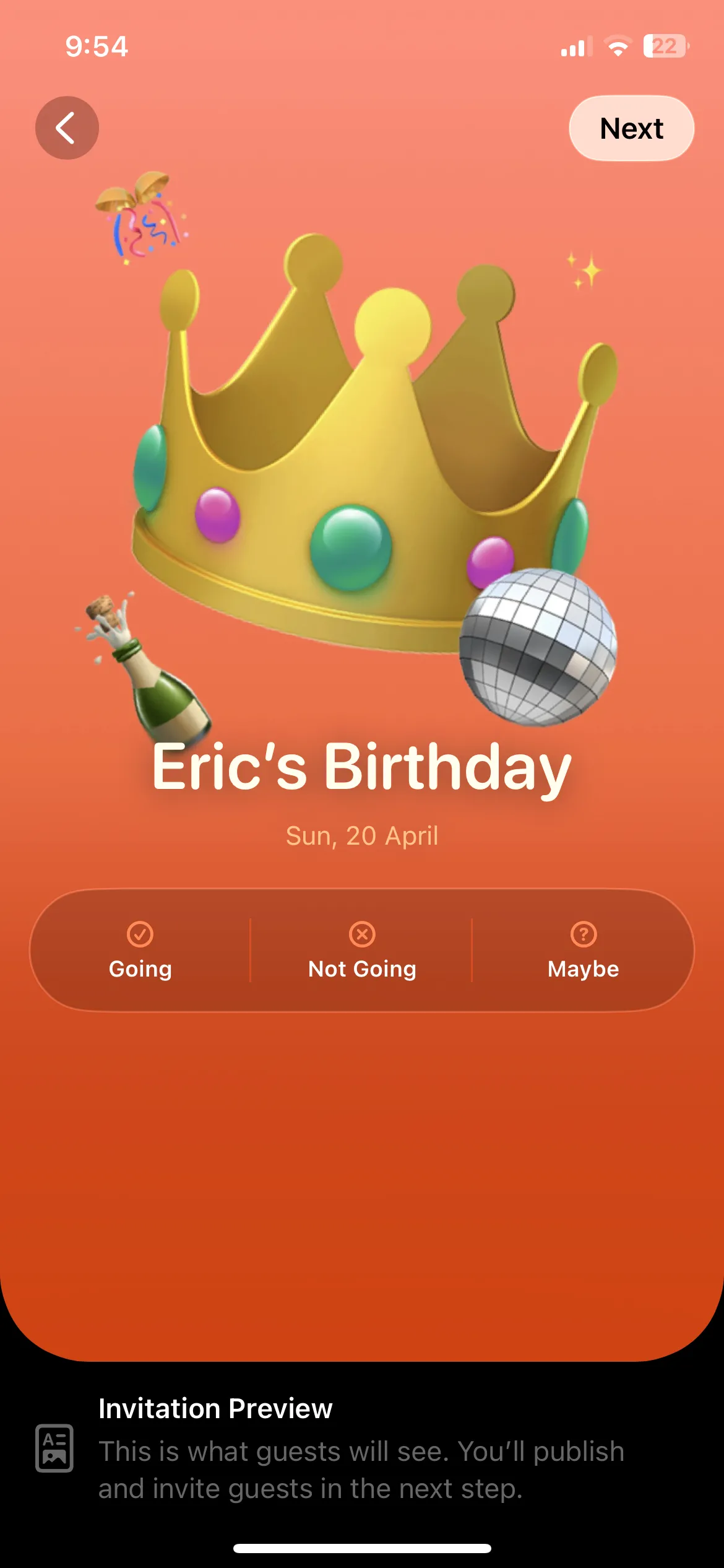 Trang xem trước lời mời sự kiện trong ứng dụng Apple Invites trên iPhone