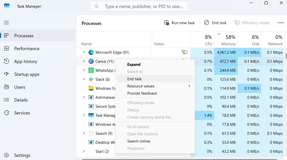 Trình quản lý tác vụ Windows hiển thị tùy chọn Kết thúc tác vụ cho ứng dụng Canva