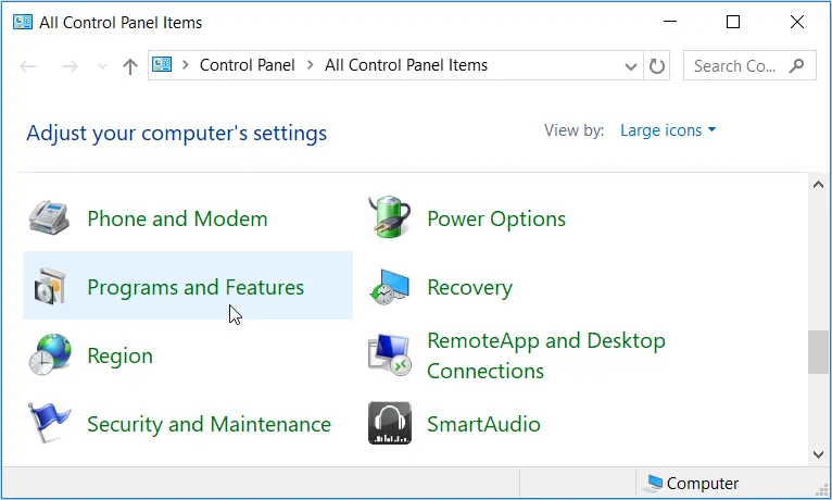 Truy cập Chương trình và Tính năng Windows thông qua Bảng điều khiển Control Panel