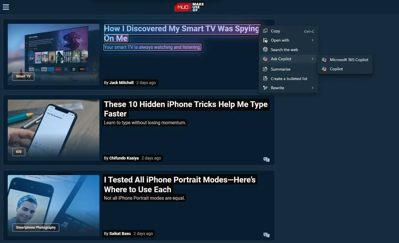 Tùy chọn "Ask Copilot" và các tính năng khác trong menu Click to Do của Windows 11, minh họa sự đa dạng nhưng cũng gây rối loạn cho người dùng.