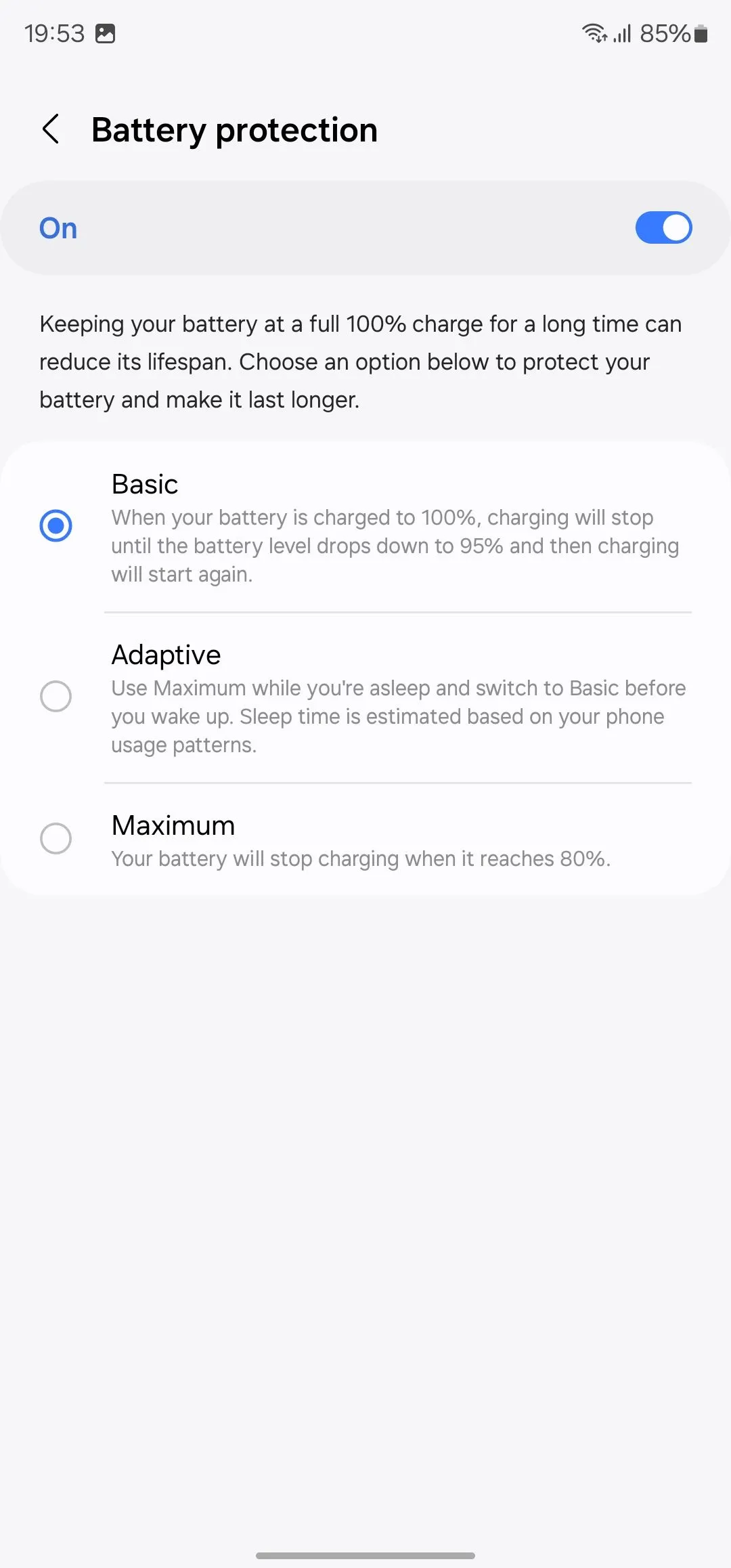 Tùy chọn bảo vệ pin trên điện thoại Samsung Galaxy