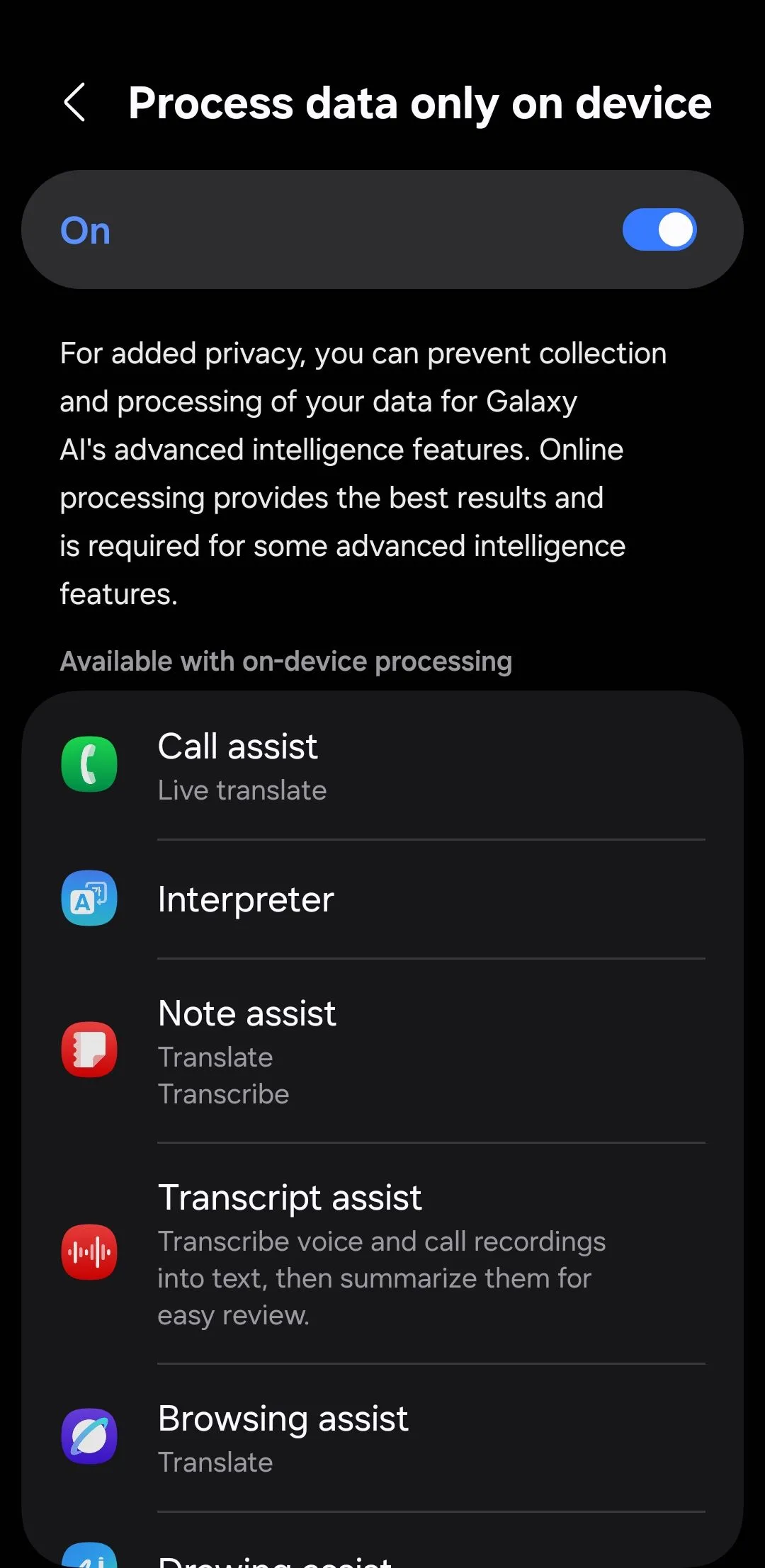 Tùy chọn bật xử lý dữ liệu Galaxy AI ngay trên thiết bị.