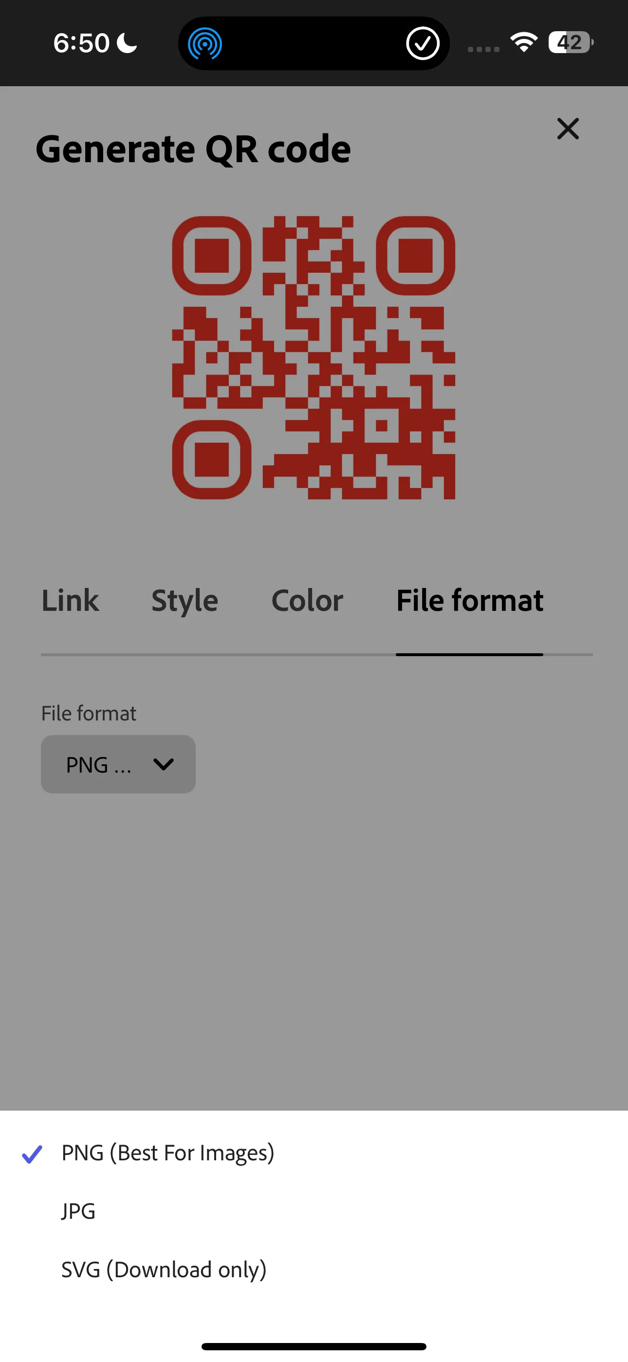 Tùy chọn định dạng tệp tải xuống (PNG, JPG, SVG) cho mã QR trong Adobe Express.