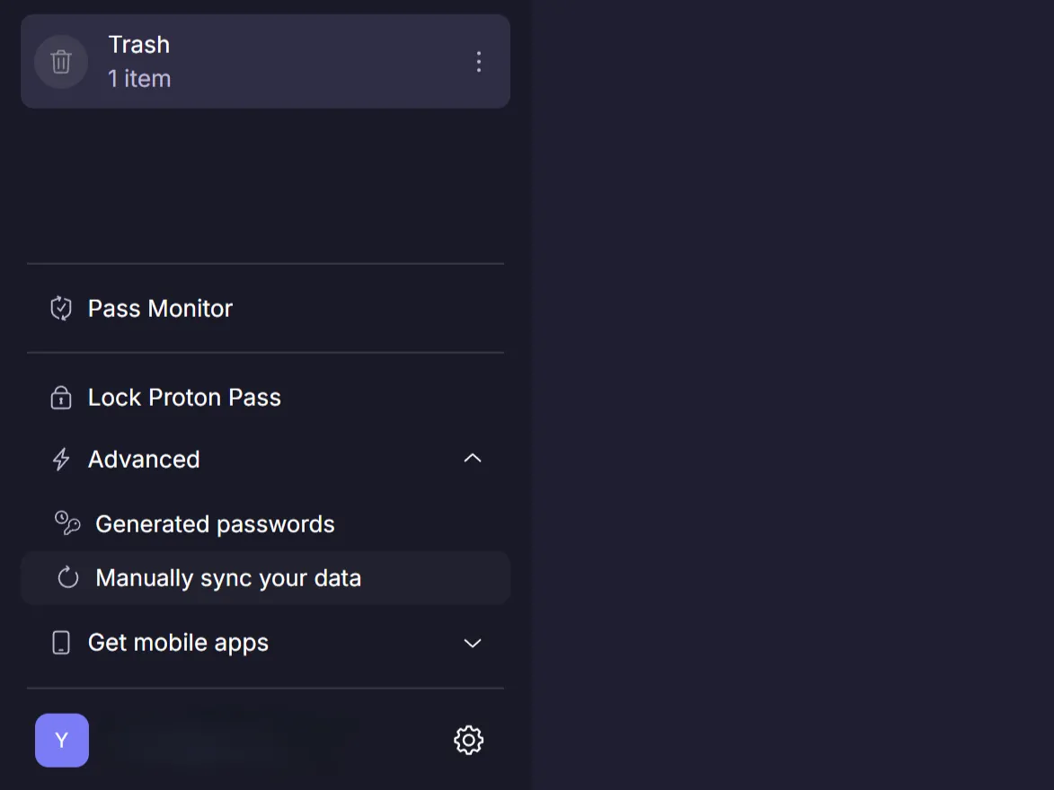Tùy chọn đồng bộ dữ liệu thủ công trong thanh bên của Proton Pass.