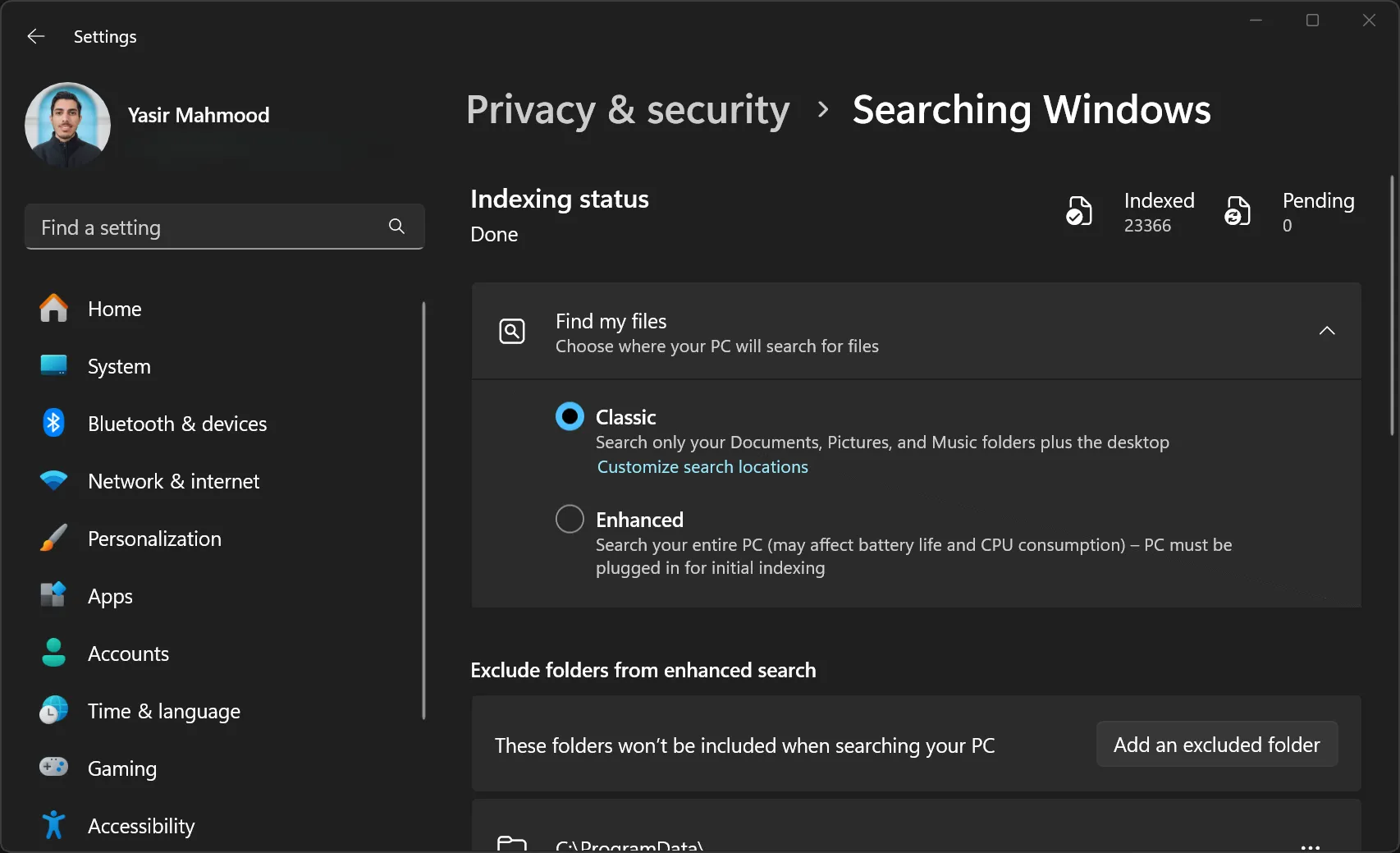 Tùy chọn lập chỉ mục tìm kiếm của Windows trong phần cài đặt, nơi người dùng có thể điều chỉnh hoặc tắt tính năng Indexing để tối ưu hiệu suất NVMe.