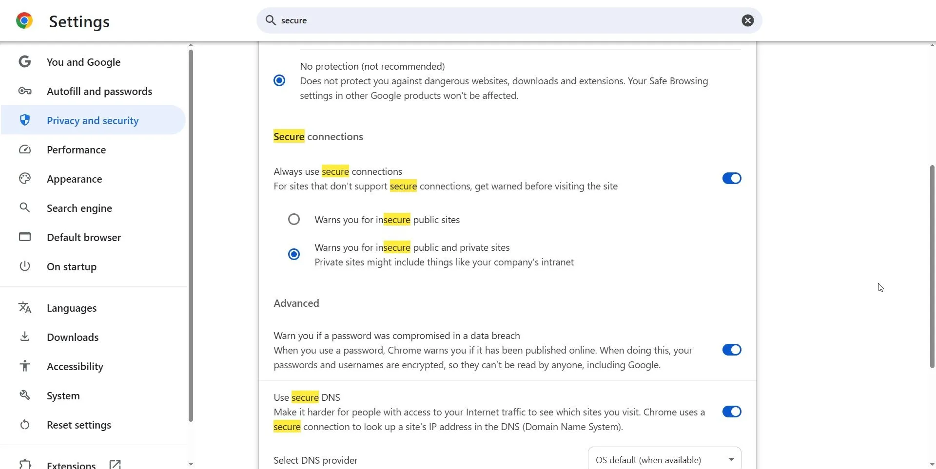 Tùy chọn &quot;Luôn sử dụng kết nối bảo mật&quot; trong cài đặt Google Chrome