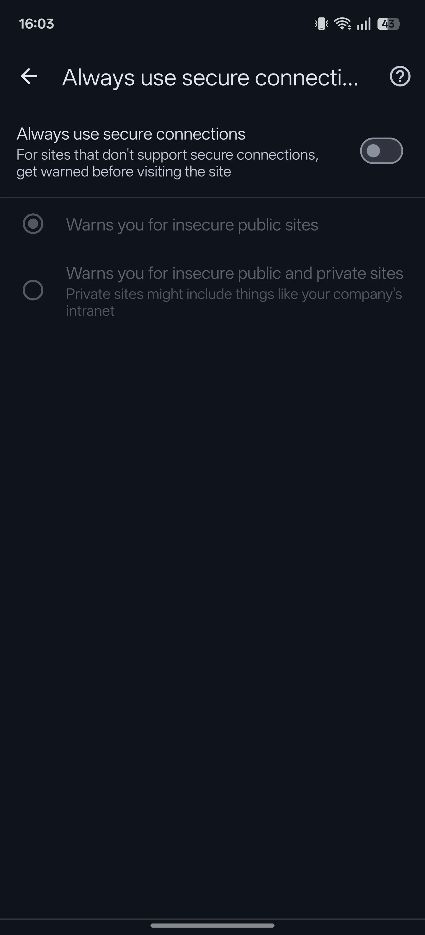 Tùy chọn &quot;Luôn sử dụng kết nối bảo mật&quot; trong cài đặt quyền riêng tư của Chrome Android.