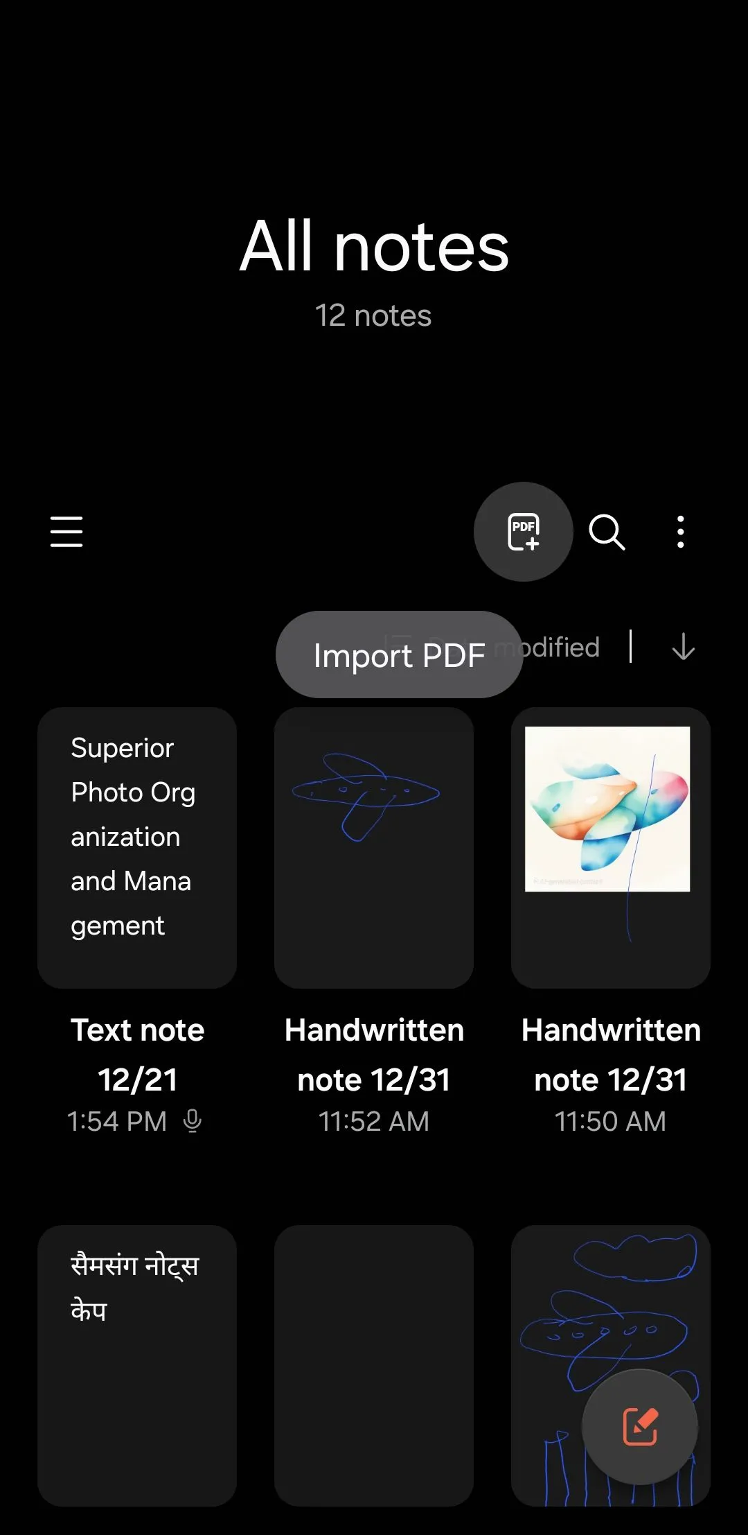 Tùy chọn nhập tệp PDF vào ứng dụng Samsung Notes
