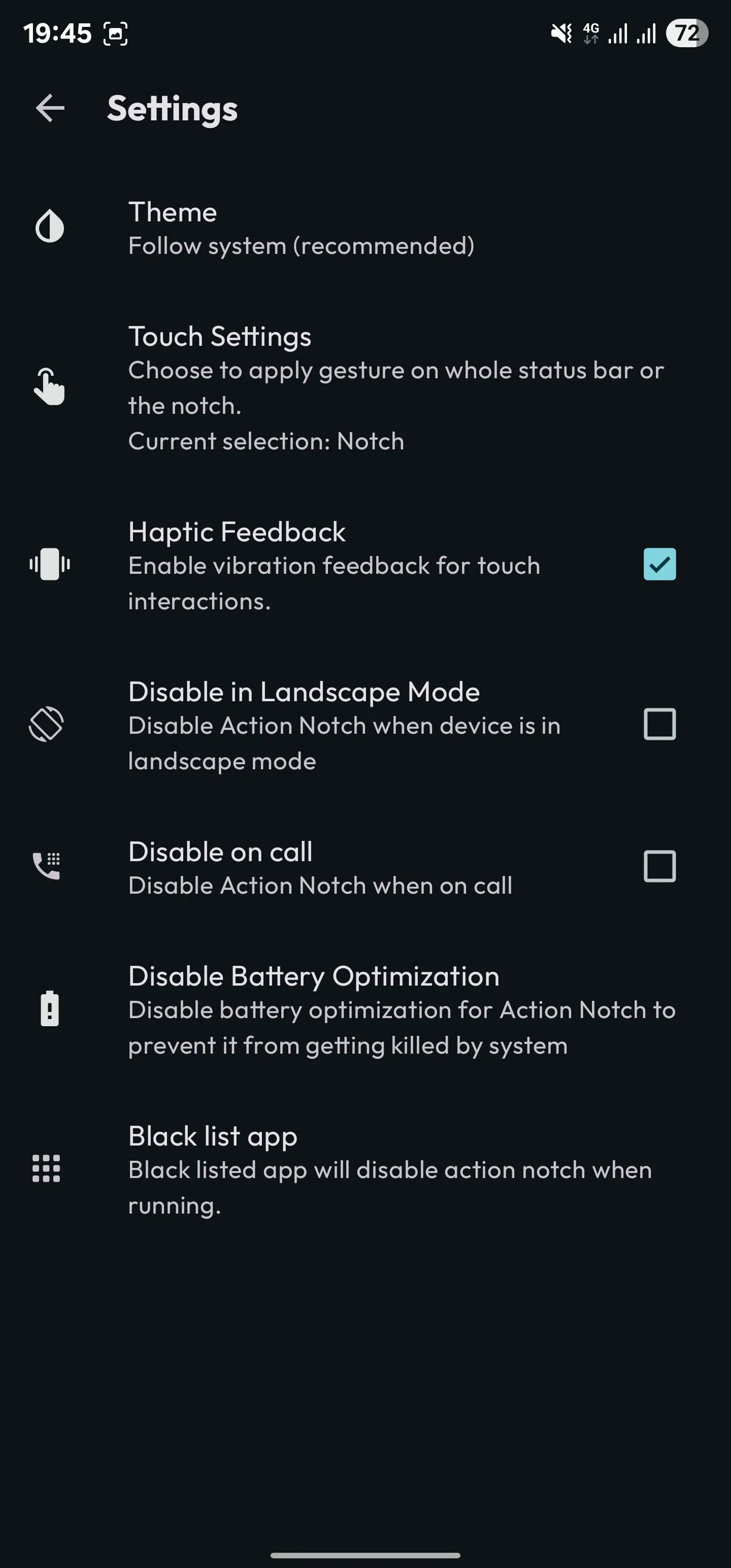 Tùy chọn Phản hồi xúc giác (Haptic Feedback) được bật trong cài đặt Action Notch.