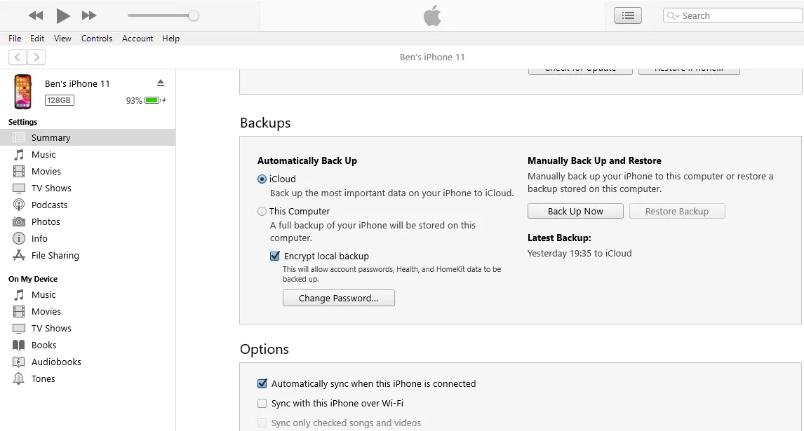 Tùy chọn sao lưu iPhone vào máy tính thông qua ứng dụng iTunes, cho phép mã hóa dữ liệu bảo mật.