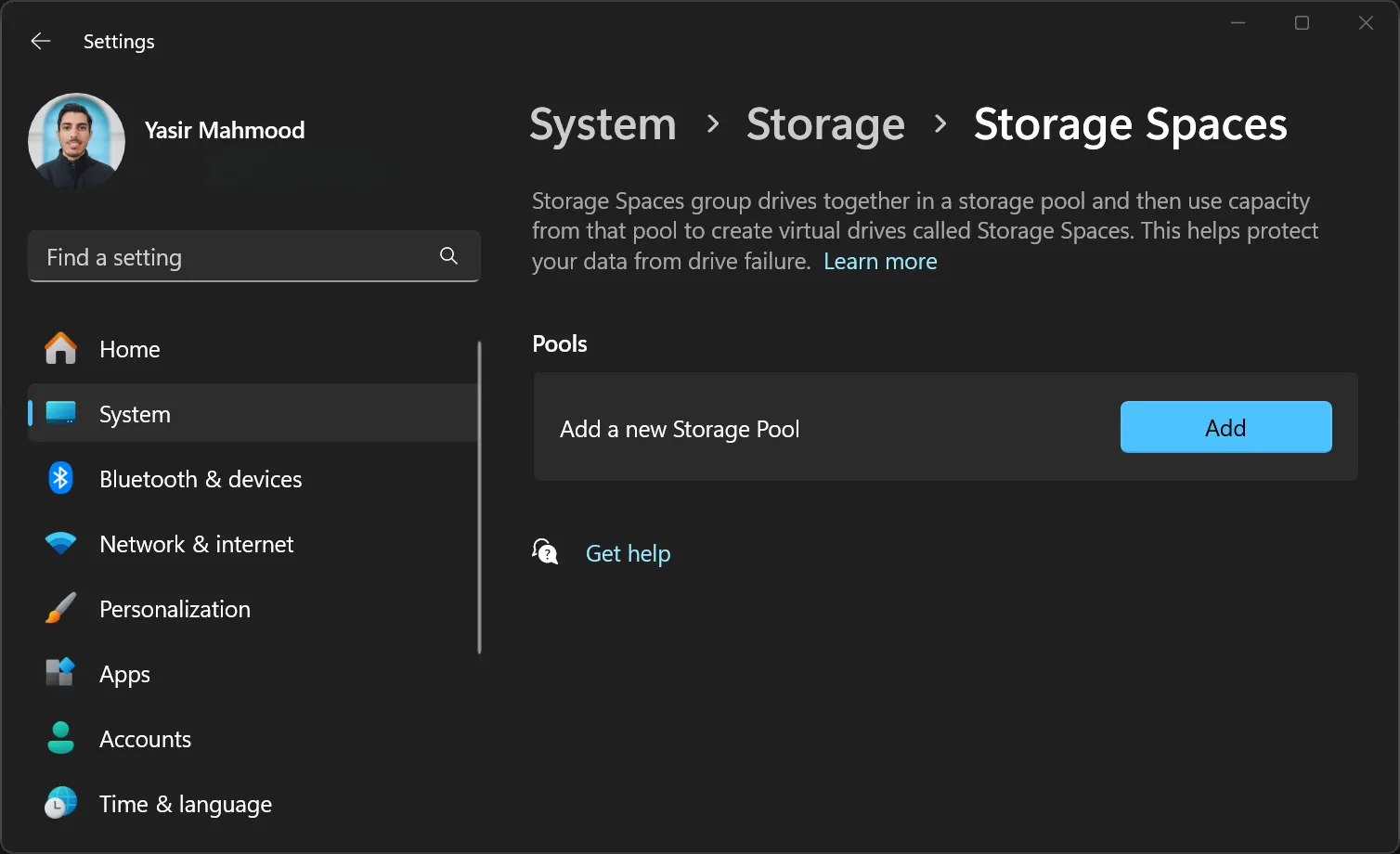 Tùy chọn tạo nhóm lưu trữ mới trong tính năng Storage Spaces của Windows để quản lý và bảo vệ dữ liệu trên ổ cứng.