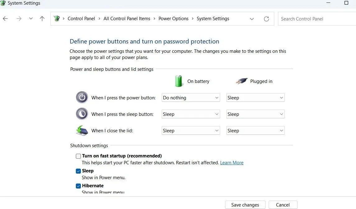 Tùy chọn tắt tính năng Khởi động Nhanh trên cài đặt Power Options của Windows