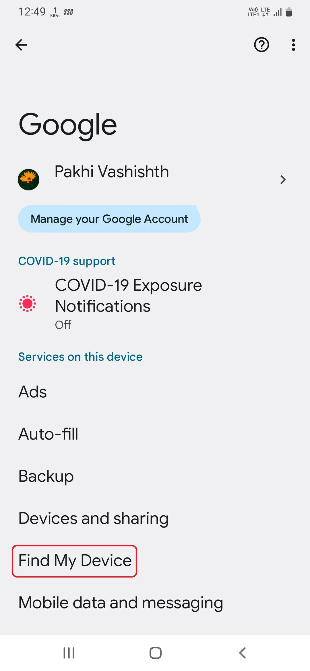 Tùy chọn Tìm thiết bị của tôi trong cài đặt Google trên Samsung