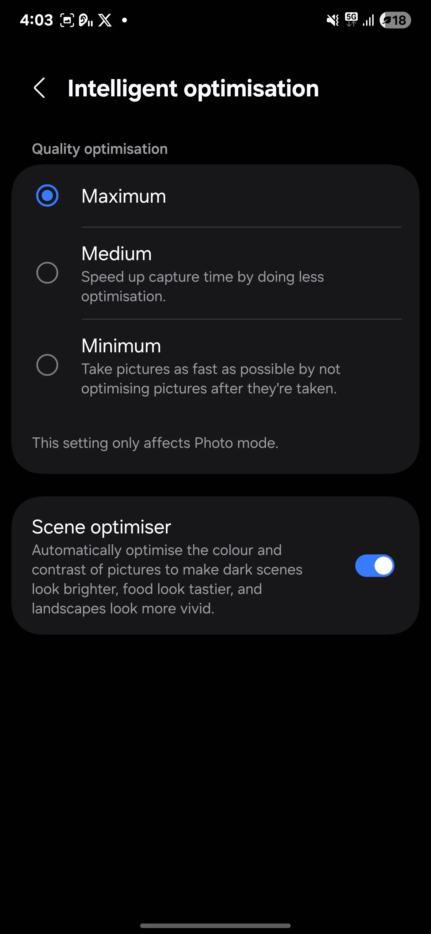 Tùy chọn Tối ưu hóa cảnh (Scene Optimizer) trong mục Tối ưu hóa thông minh trên camera Samsung.
