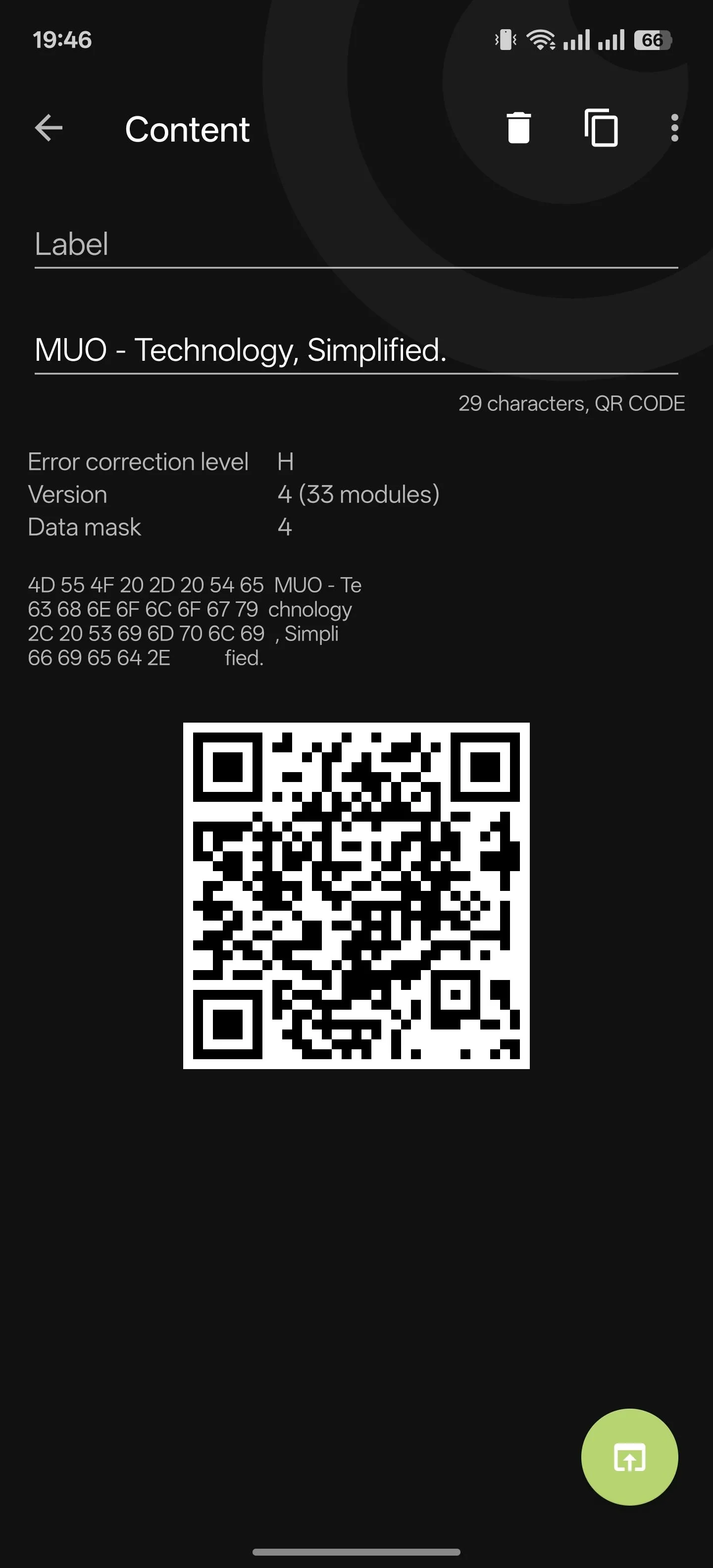Ứng dụng Binary Eye trên Android hiển thị nội dung sau khi quét mã QR thành công