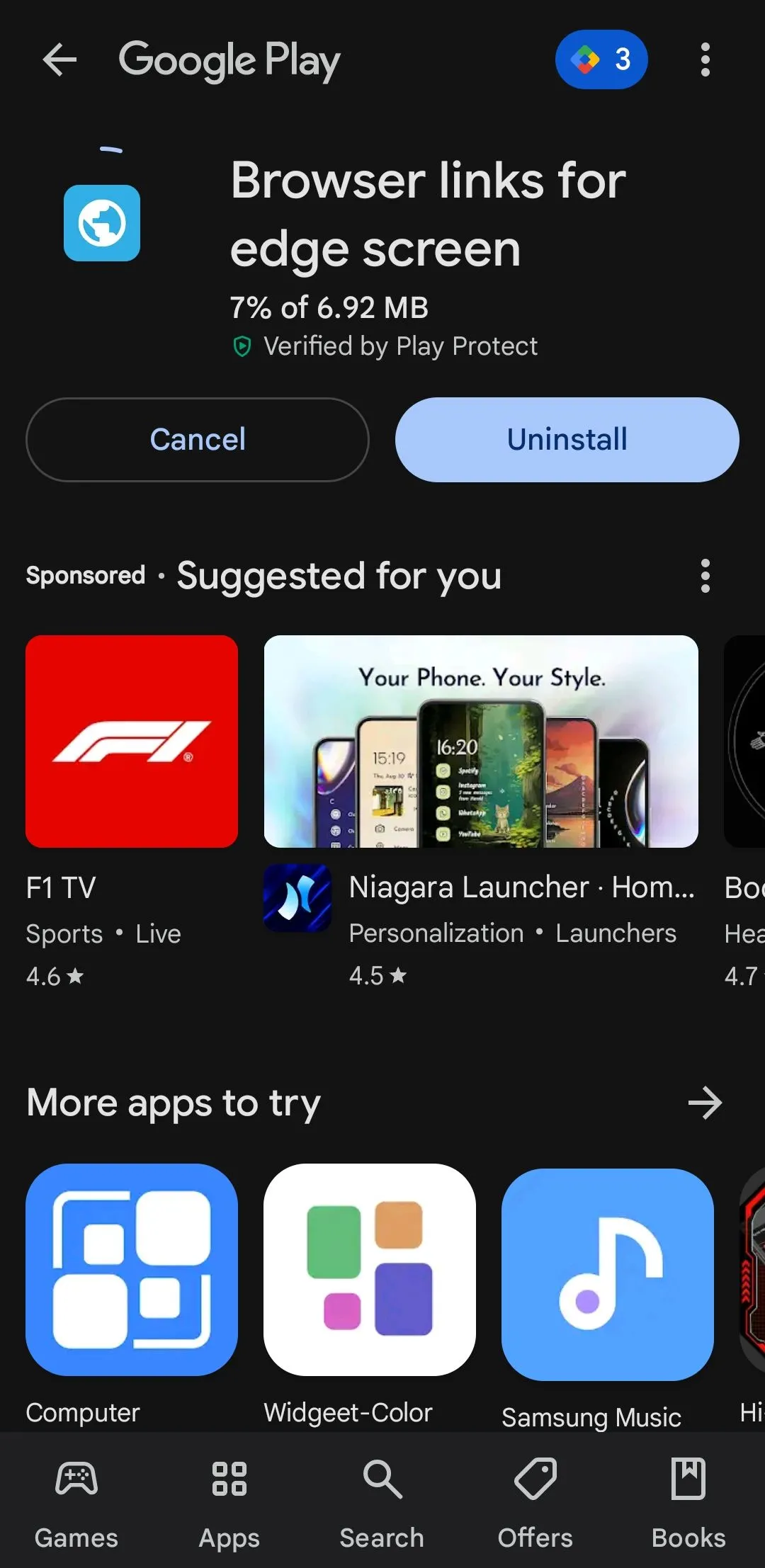 Ứng dụng &quot;Browser links for Edge screen&quot; trên cửa hàng Google Play Store, cho phép thêm lối tắt trang web vào Edge panel.
