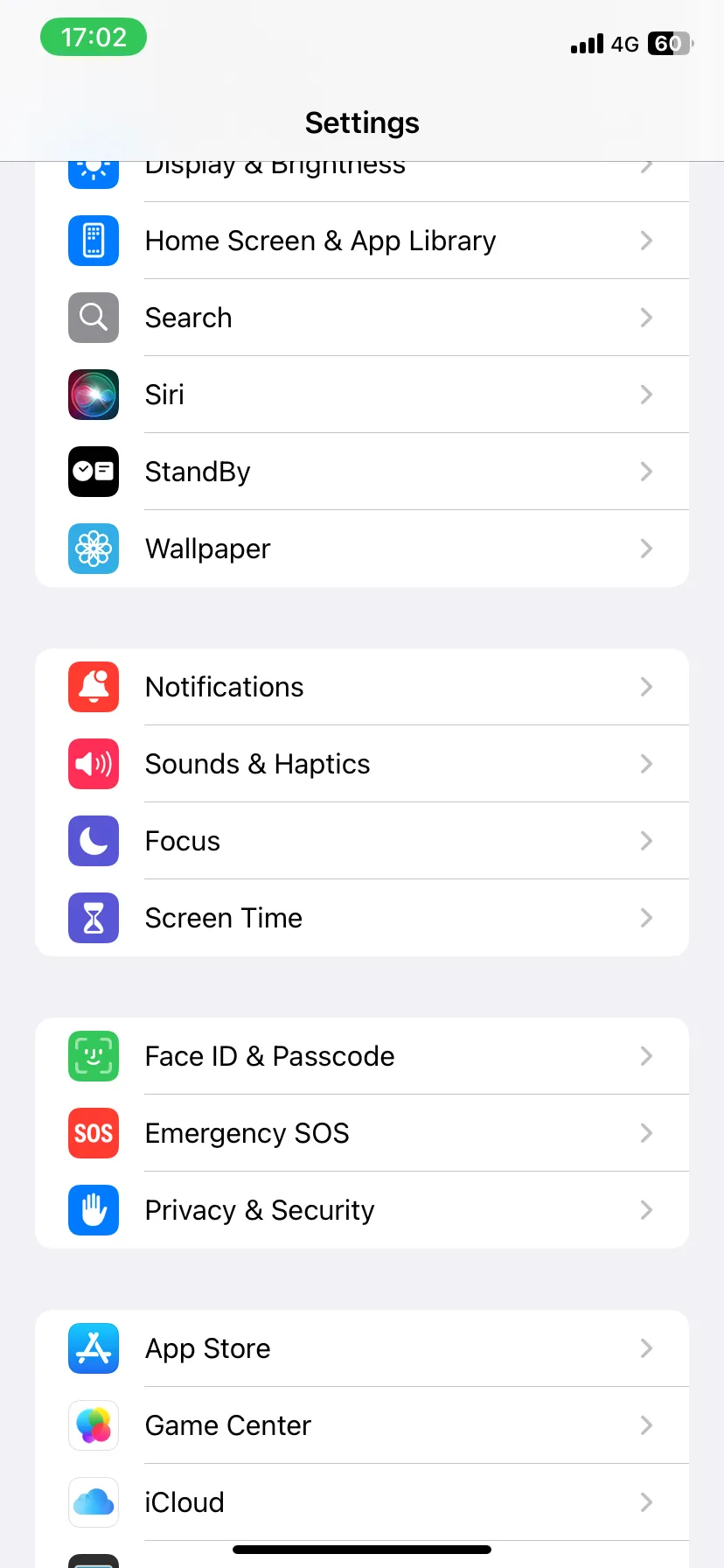 Ứng dụng Cài đặt của iPhone với tùy chọn Thông báo được đánh dấu