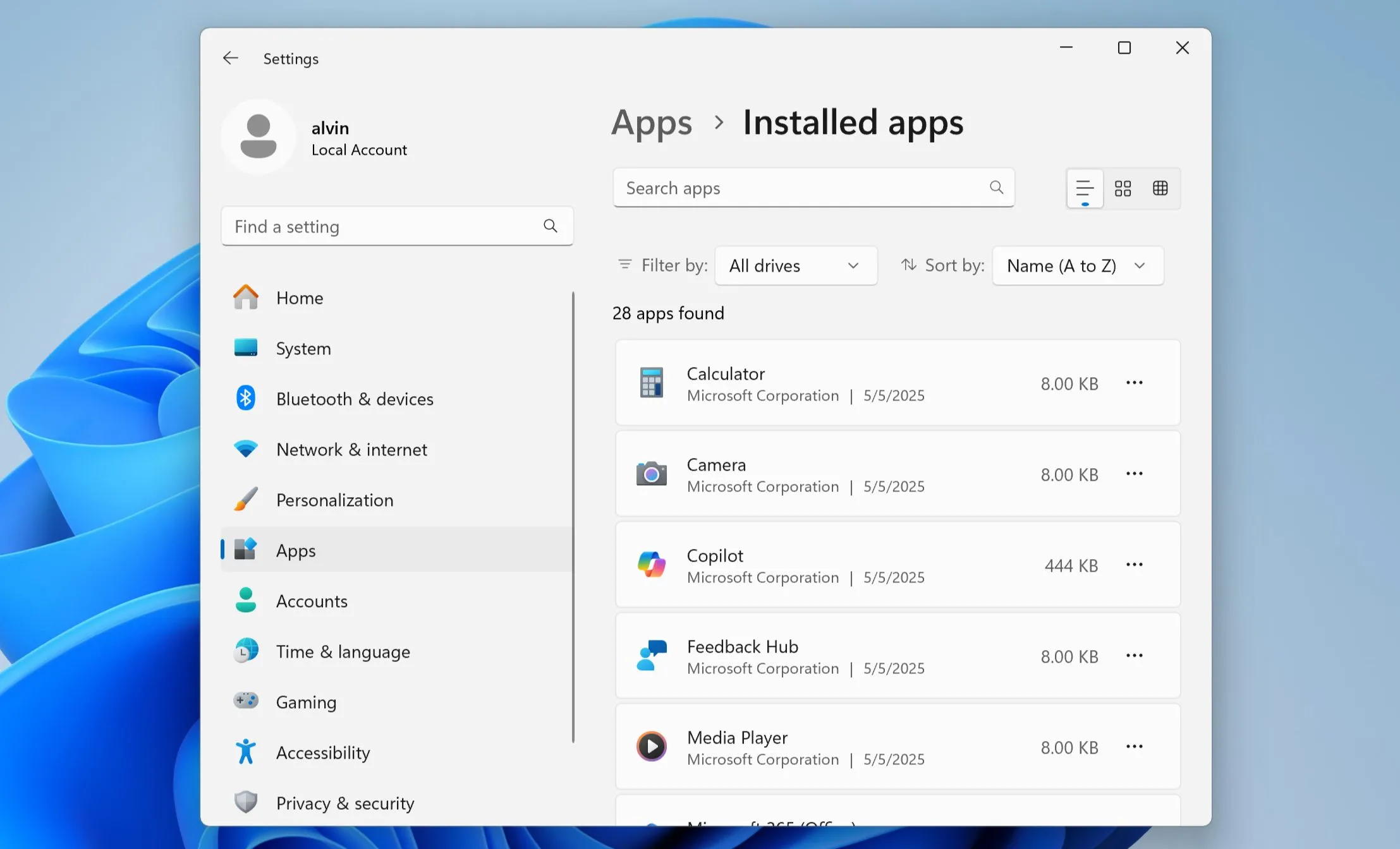 Ứng dụng Cài đặt Windows 11 hiển thị danh sách các ứng dụng đã cài đặt