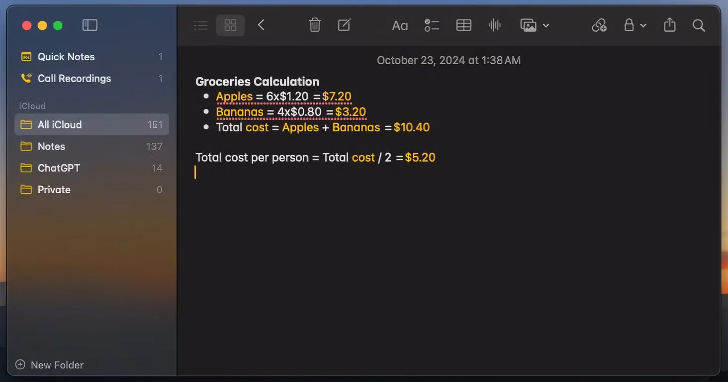 Ứng dụng Ghi chú của macOS Sequoia minh họa tính năng giải toán, cho phép người dùng nhập công thức và nhận kết quả tức thì