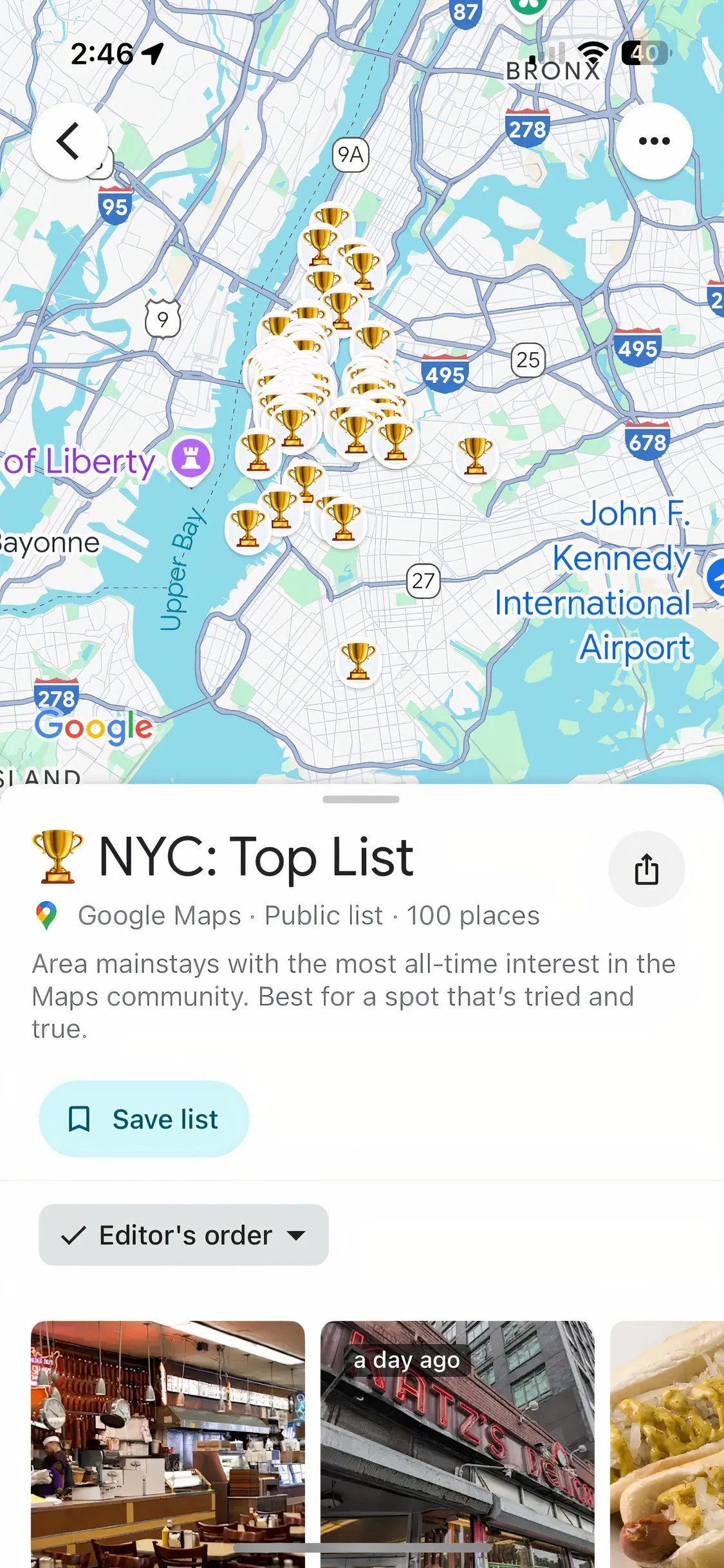 Ứng dụng Google Maps hiển thị danh sách địa điểm nổi bật tại thành phố New York