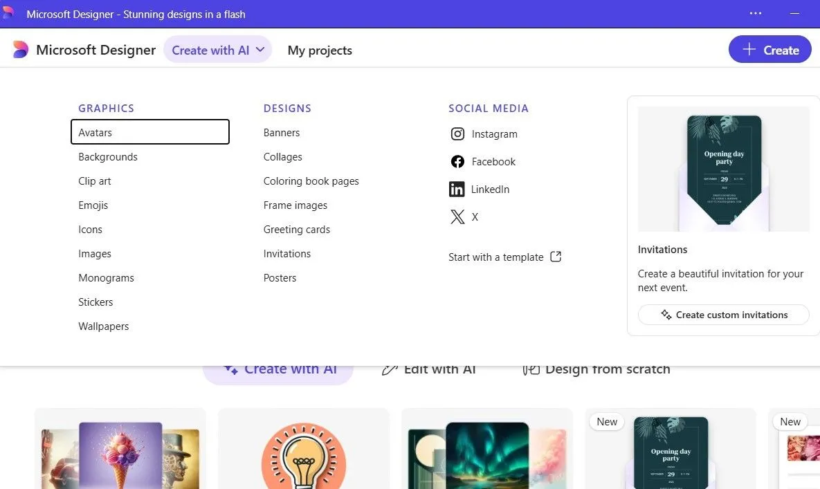 Ứng dụng Microsoft Designer hiển thị tùy chọn 'Tạo bằng AI' để thiết kế đồ họa nhanh chóng