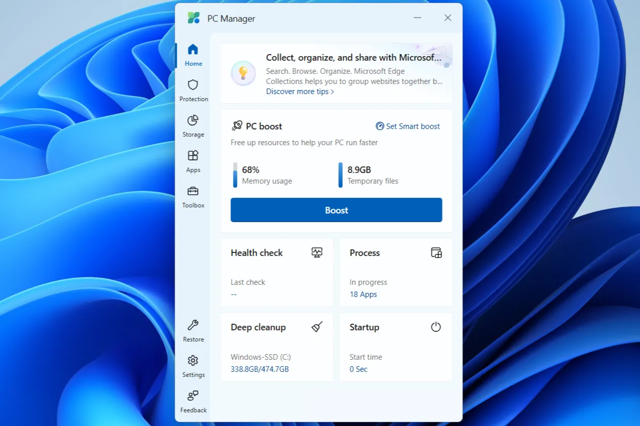 Ứng dụng Microsoft PC Manager với tùy chọn 'Boost' nổi bật để tối ưu hiệu suất máy tính