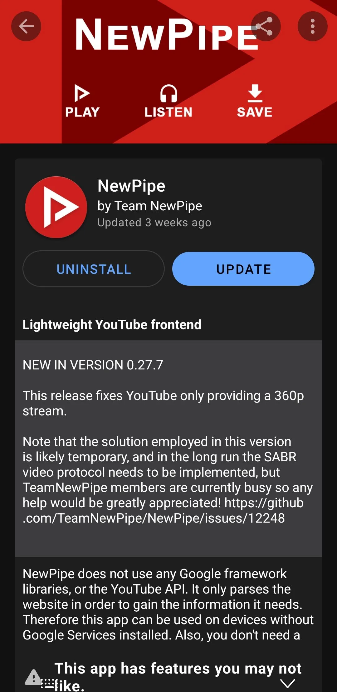 Ứng dụng NewPipe được hiển thị trên kho F-Droid, minh họa ứng dụng mã nguồn mở