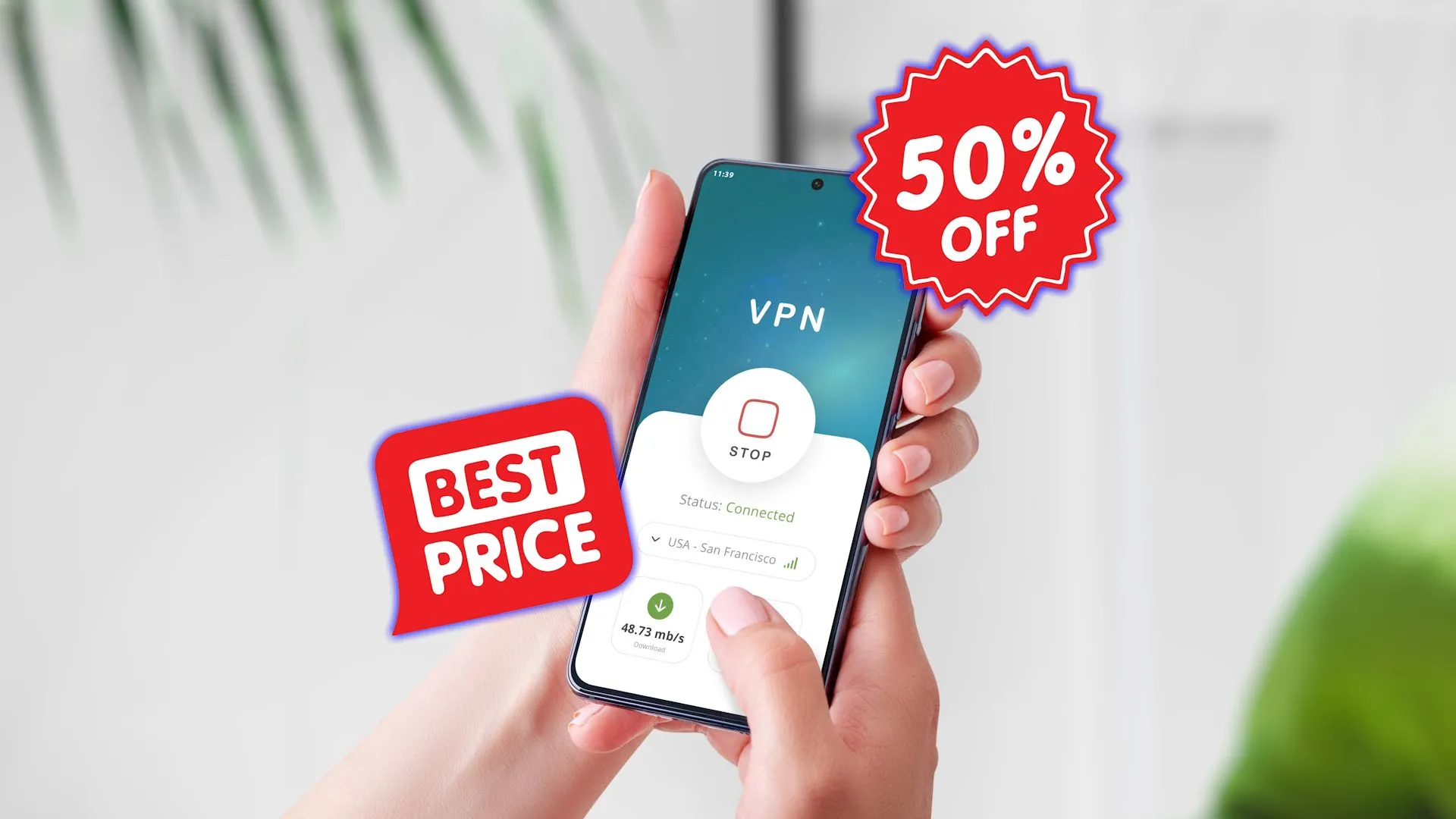 Ứng dụng VPN hiển thị trên màn hình smartphone với ưu đãi giảm giá