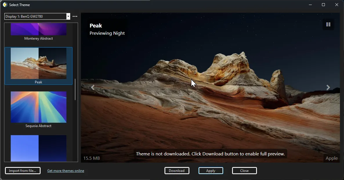 Ứng dụng WinDynamicDesktop hiển thị chủ đề Peak được chọn để áp dụng làm hình nền động