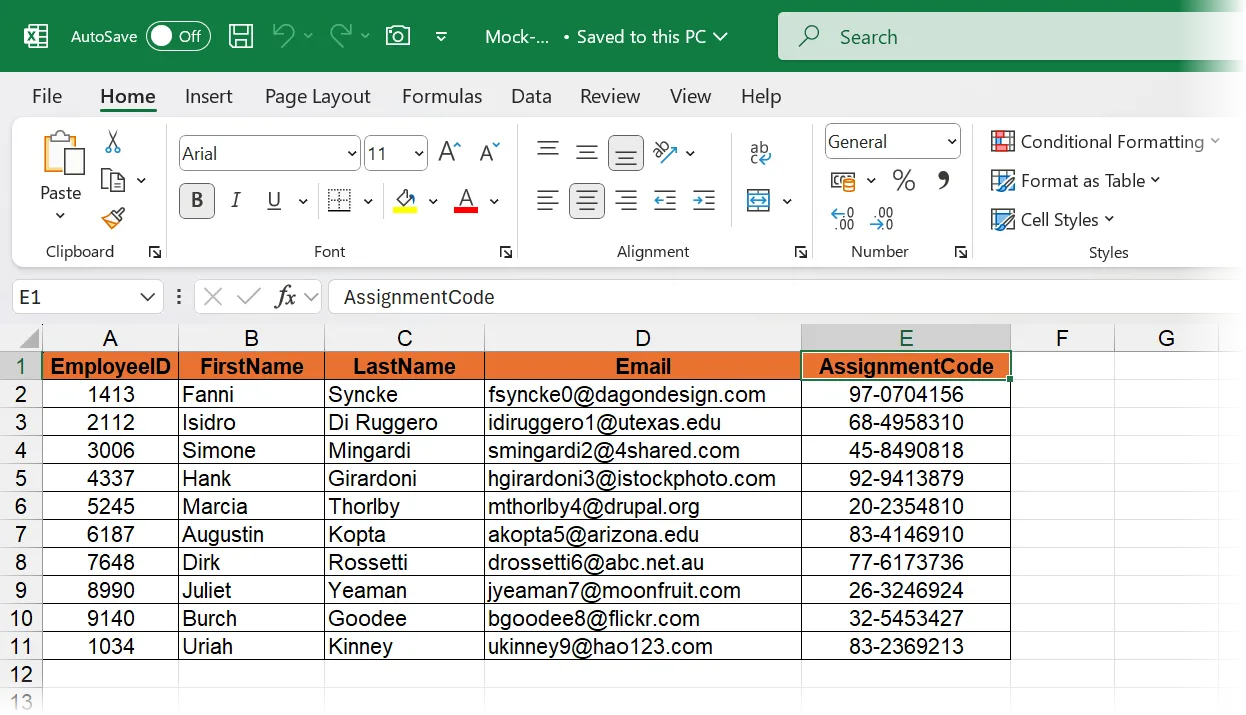 Ví dụ dữ liệu được tổ chức trong Excel để thực hiện Mail Merge hiệu quả