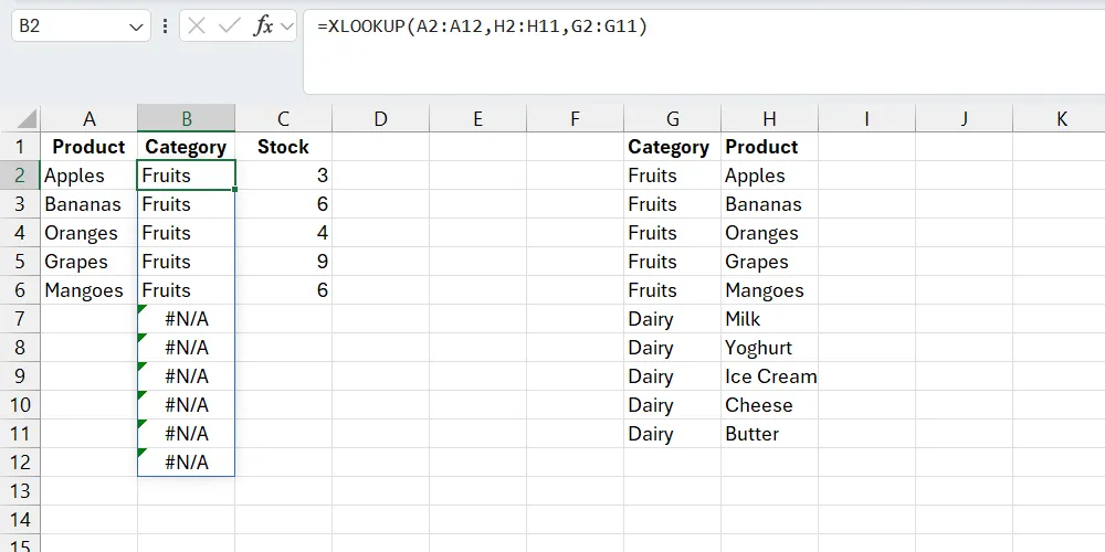 Ví dụ hàm XLOOKUP trong Excel hiển thị lỗi #N/A do vùng tìm kiếm chứa các ô trống, gây sai lệch kết quả.
