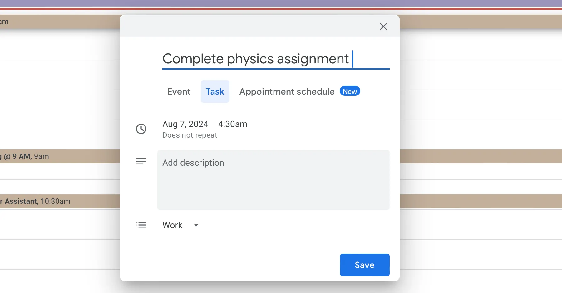 Ví dụ minh họa việc thêm một nhiệm vụ trực tiếp vào Google Tasks từ Google Calendar